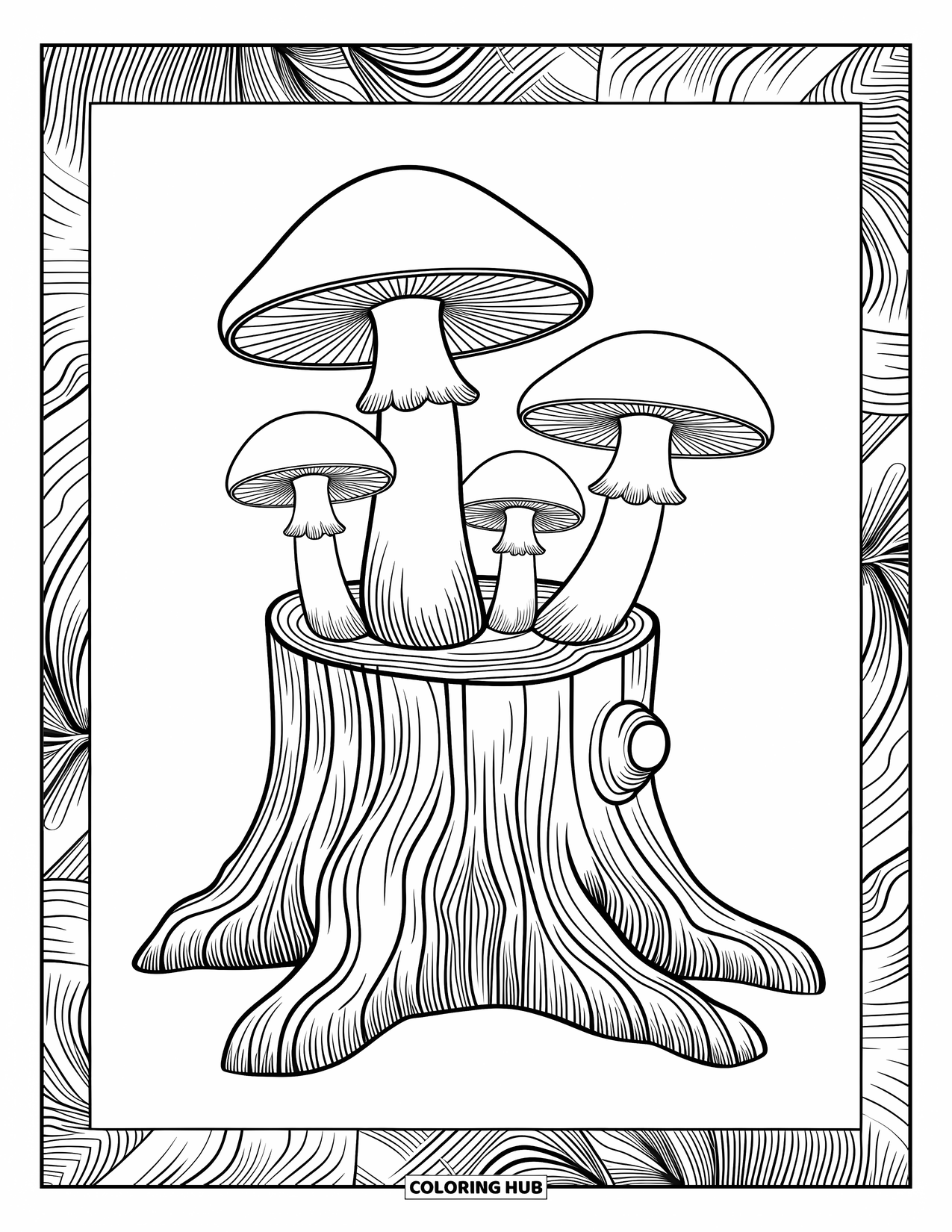Desen de colorat cu ciuperci pentru adulți: Ciuperci care cresc dintr-un butuc de copac, cu texturi complicate de scoarță