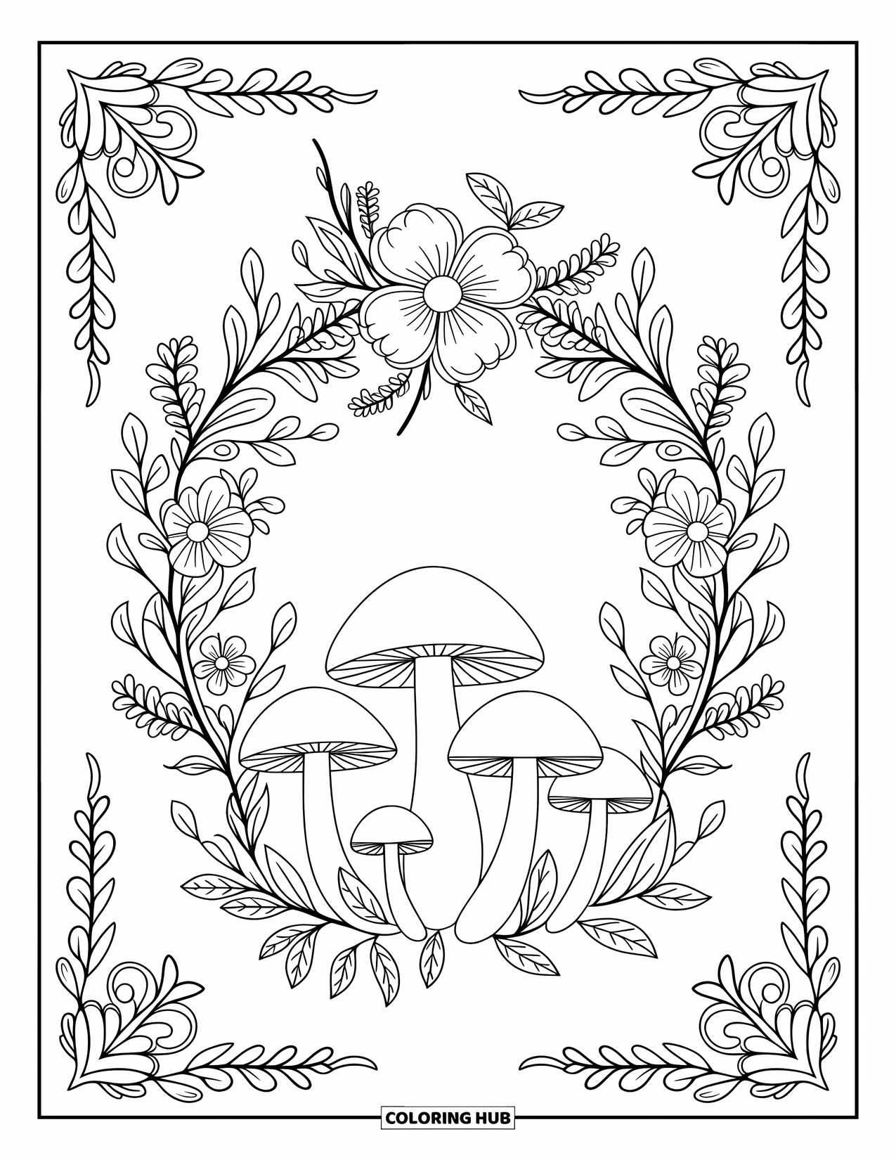 Desen de colorat cu ciuperci pentru adulți: Ciuperci într-un cerc, înconjurate de iederă și flori înflorite