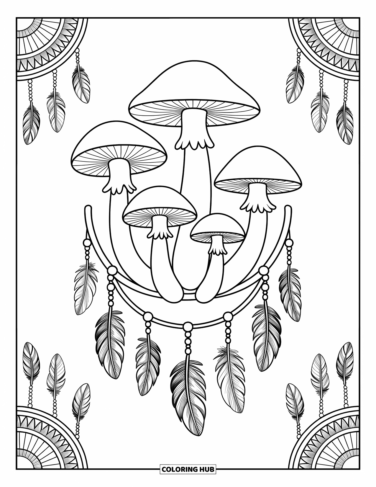 Desen de colorat cu ciuperci pentru adulți: Ciuperci împletite cu pene și mărgele de prinzător de vise