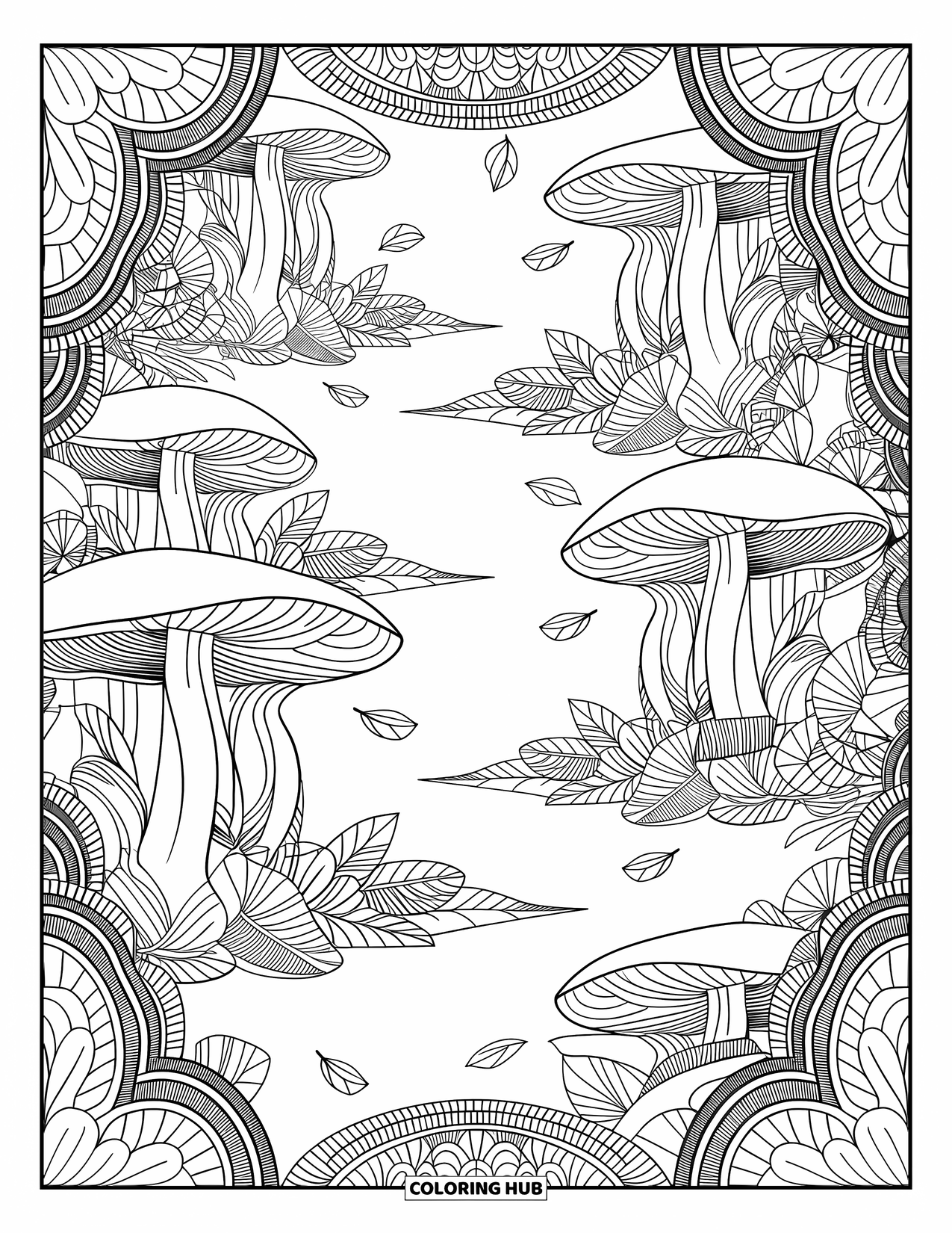 Desen de colorat cu ciuperci pentru adulți: Ciuperci pe un sol de pădure, cu rădăcini și viță de vie detaliate
