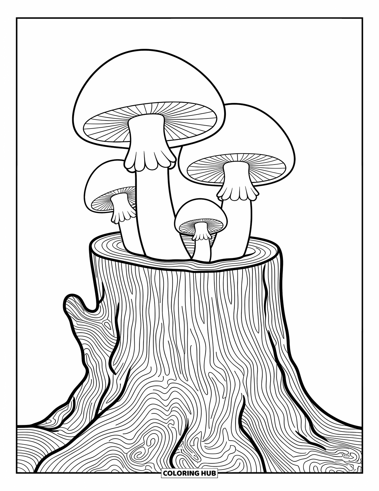 Desen de colorat cu ciuperci pentru adulți: Ciuperci pe un butuc de copac, cu modele detaliate de scoarță