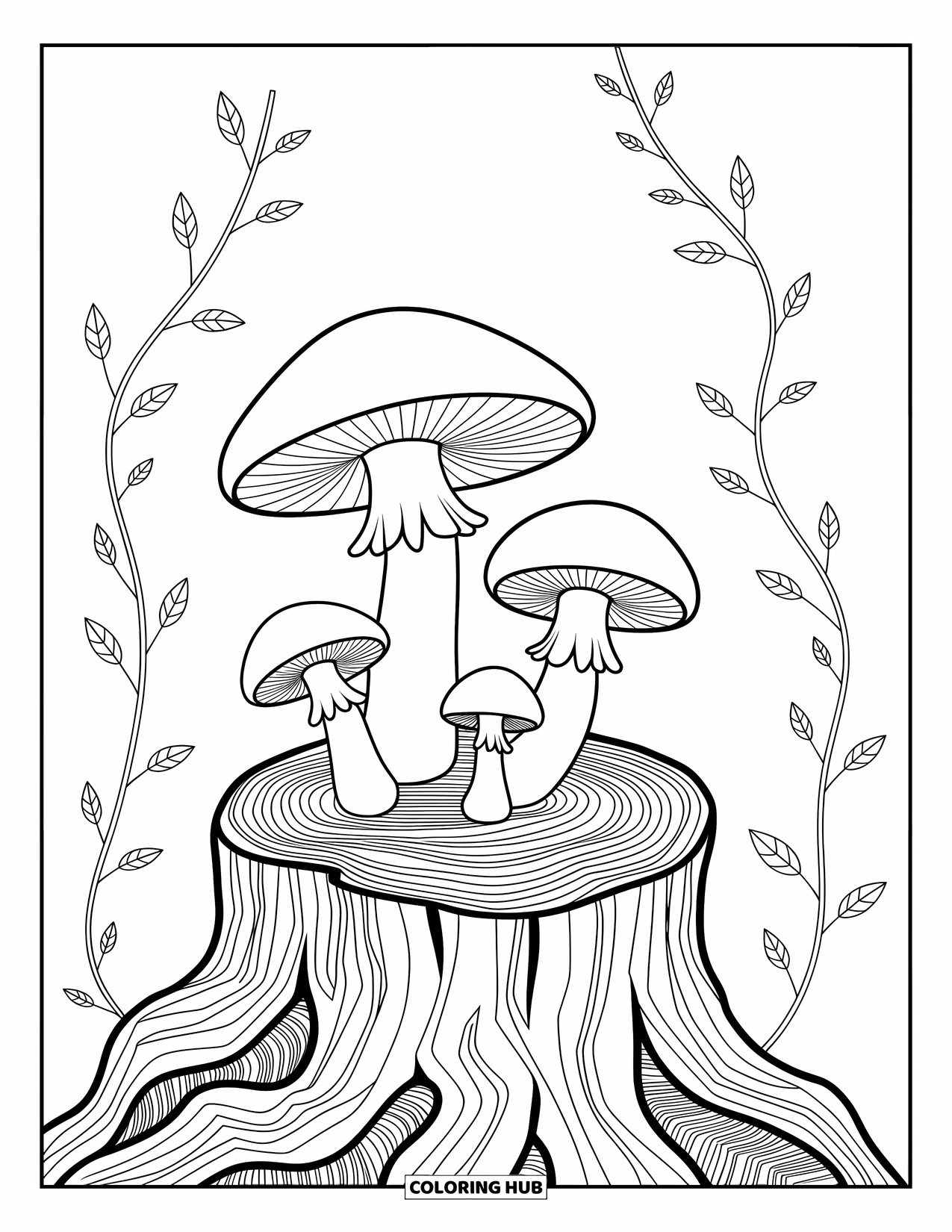 Desen de colorat cu ciuperci pentru adulți: Ciuperci care se ridică dintr-un butuc de copac texturat, cu viță de vie