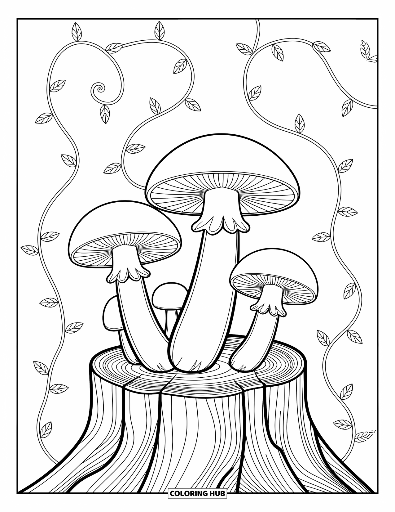 Desen de colorat cu ciuperci pentru adulți: Ciuperci care răsar dintr-un butuc de copac detaliat