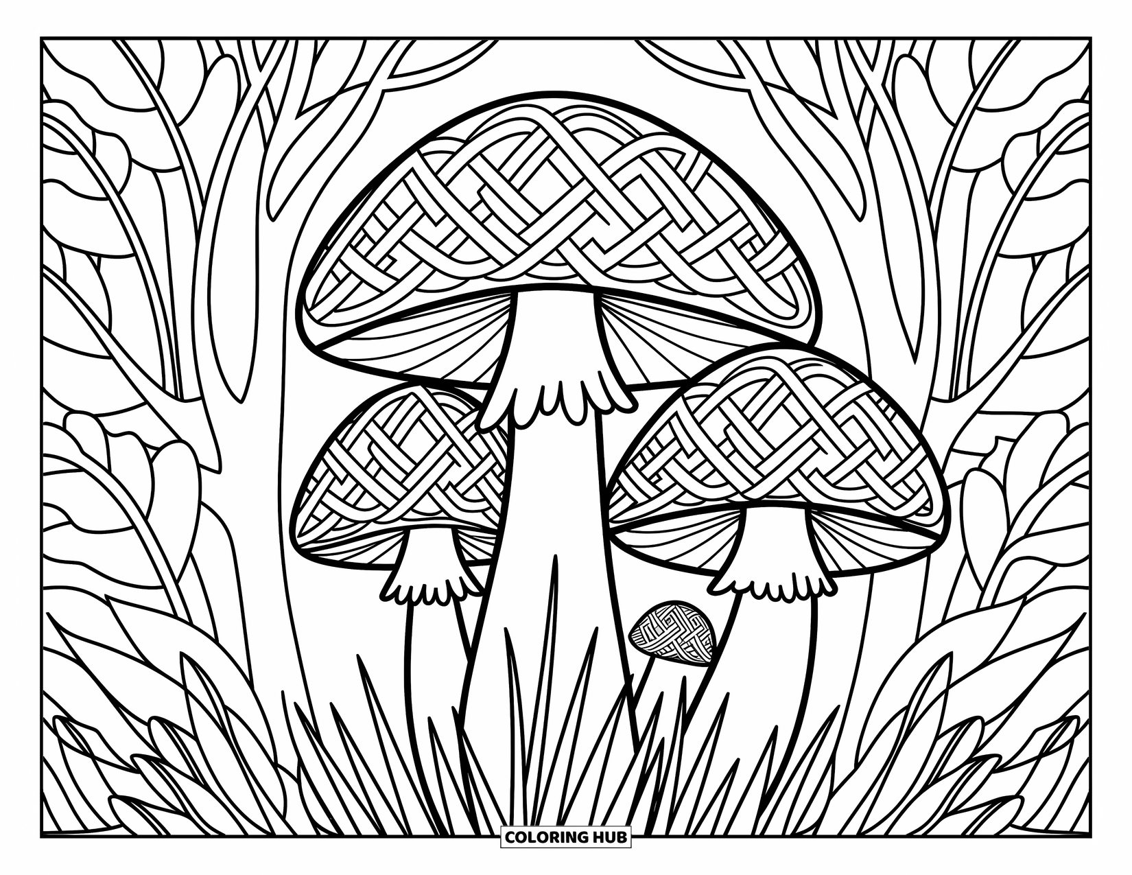 Desen de colorat cu ciuperci pentru adulți: Ciuperci cu noduri celtice înconjurate de frunziș de pădure