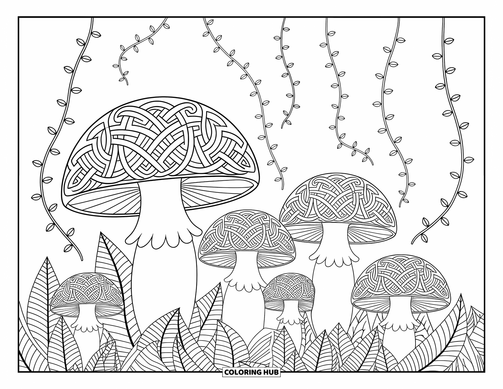 Desen de colorat cu ciuperci pentru adulți: Ciuperci cu modele celtice și viță de vie detaliată