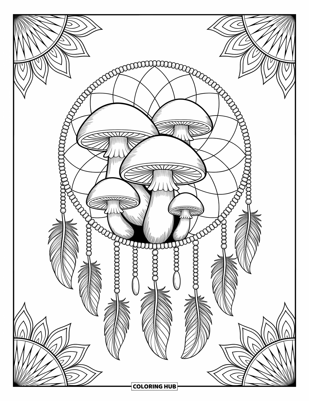 Desen de colorat cu ciuperci pentru adulți: Ciuperci cu modele de prinzătoare de vise cu pene și mărgele