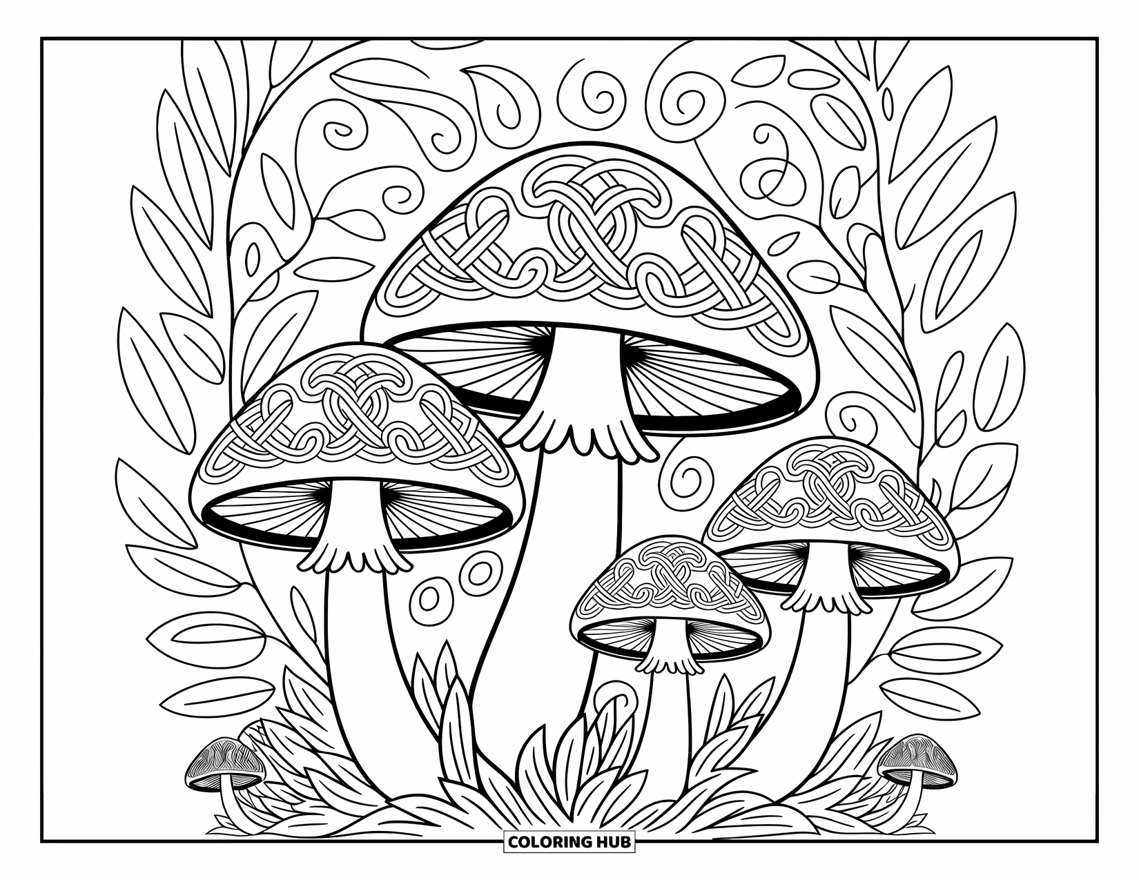 Desen de colorat cu ciuperci pentru adulți: Ciuperci cu modele celtice complicate într-o pădure densă