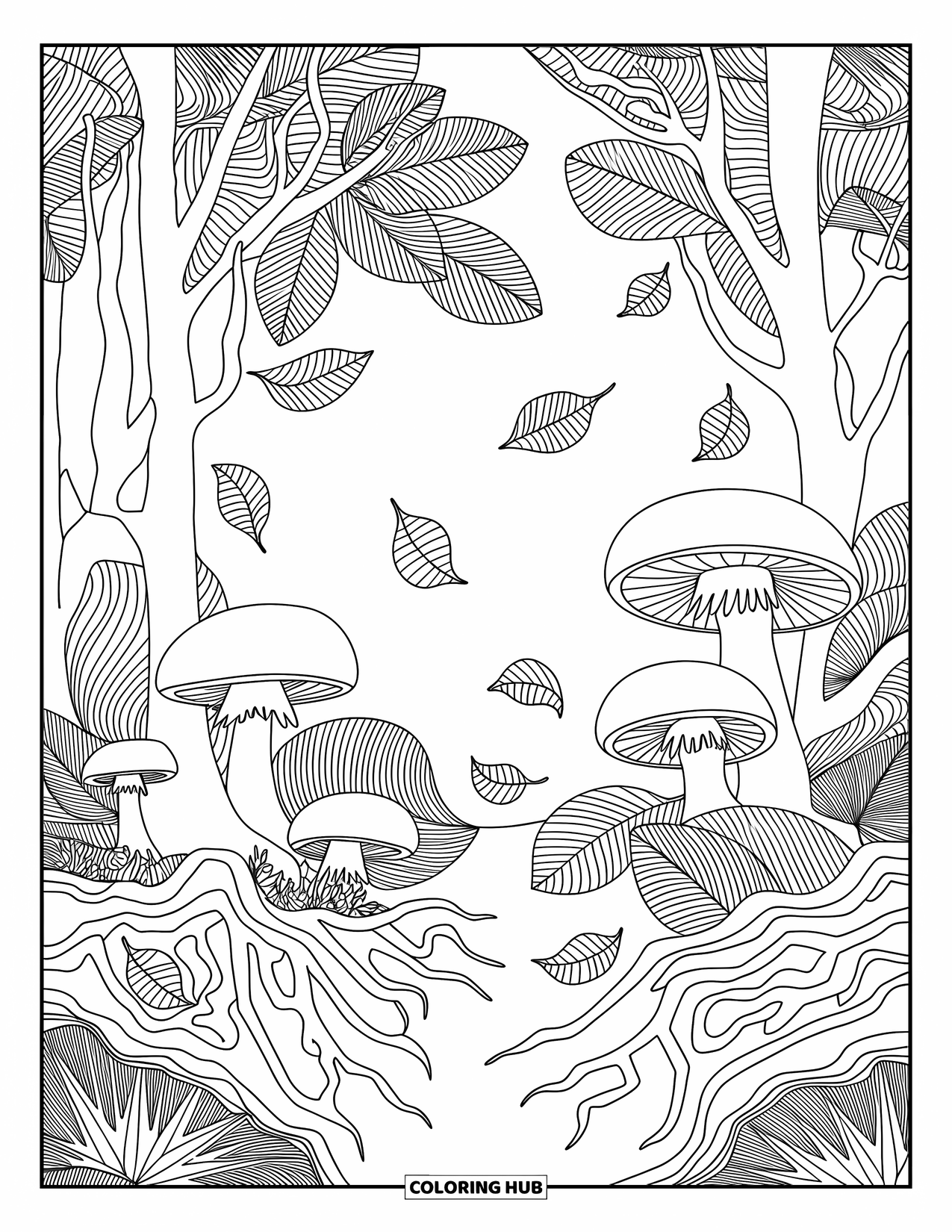 Desen de colorat cu ciuperci pentru adulți: Ciuperci cu rădăcini complicate și frunze căzute