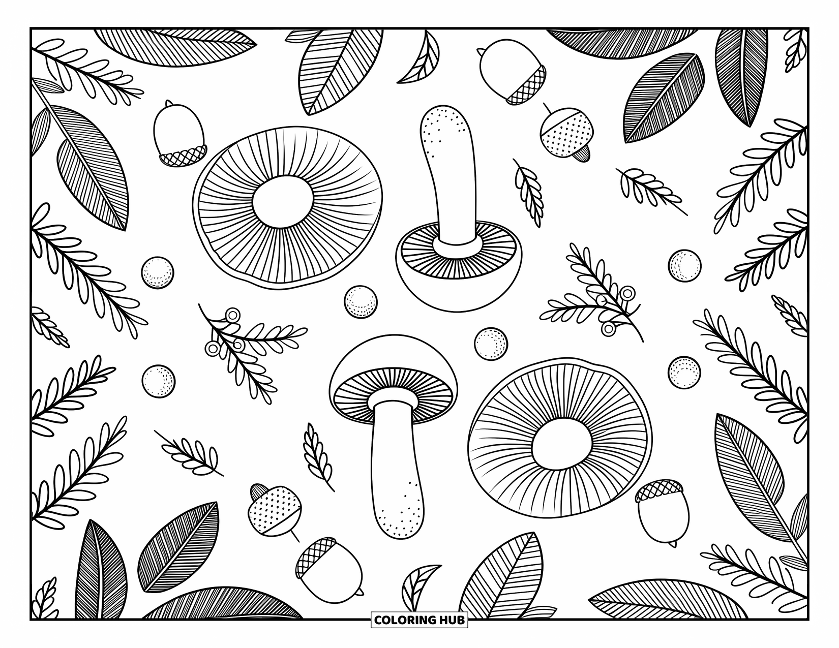 Desen de colorat cu ciuperci pentru adulți: Ciuperci cu modele de frunze, fructe de pădure și ghinde împrăștiate în jur