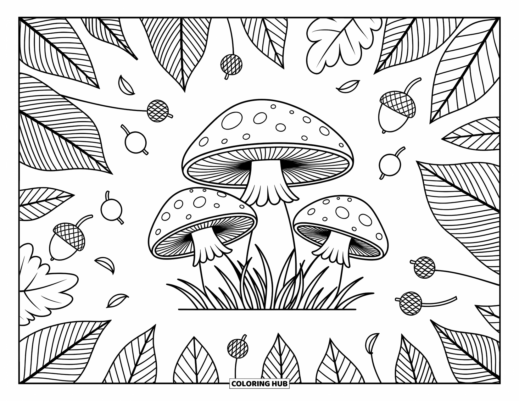 Desen de colorat cu ciuperci pentru adulți: Ciuperci cu modele de frunze, fructe de pădure și ghinde
