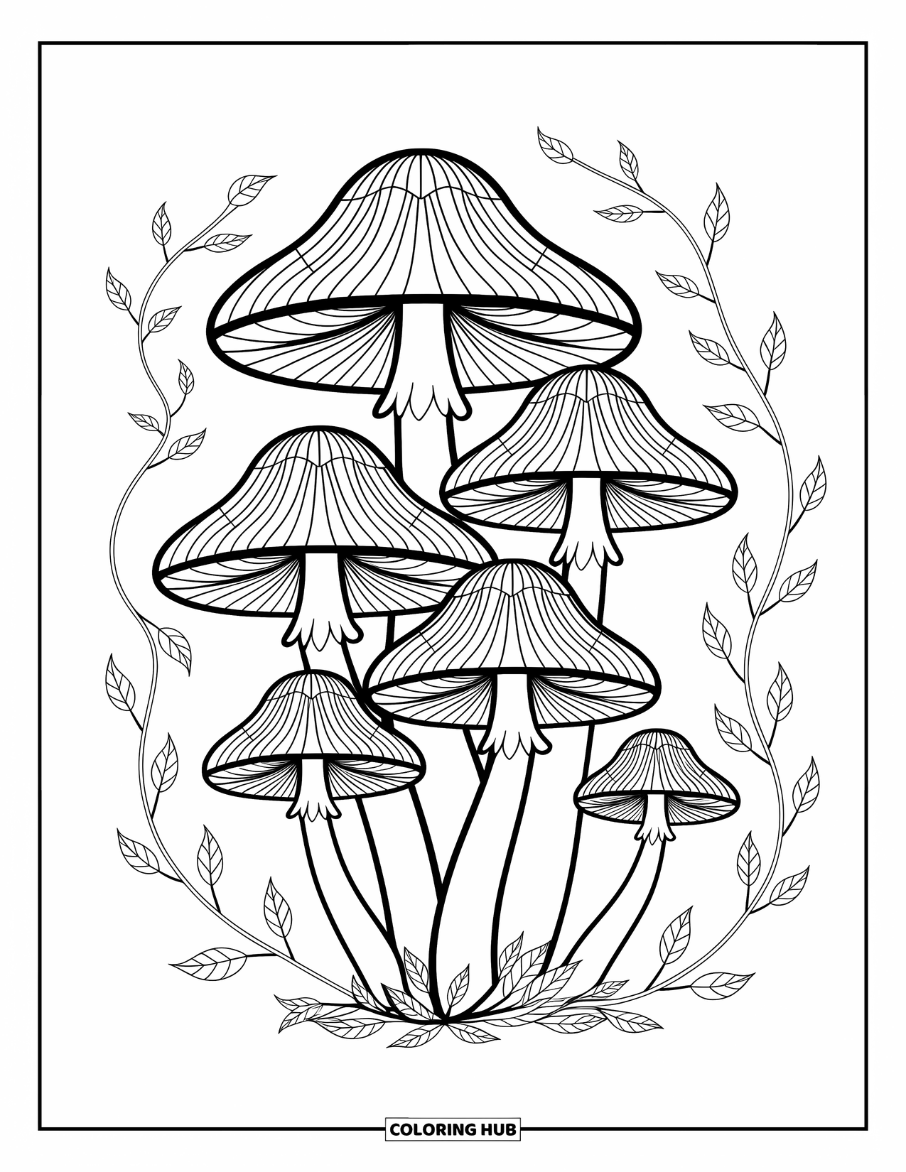 Desen de colorat cu ciuperci pentru adulți: Ciuperci cu modele de vitralii și detalii complicate