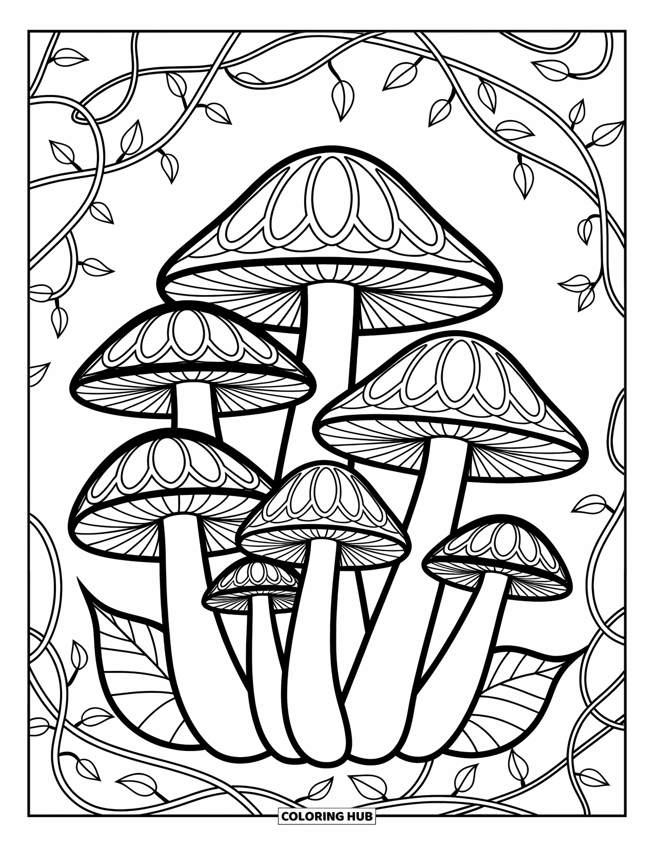 Desen de colorat cu ciuperci pentru adulți: Ciuperci cu modele de vitralii și detalii de viță de vie