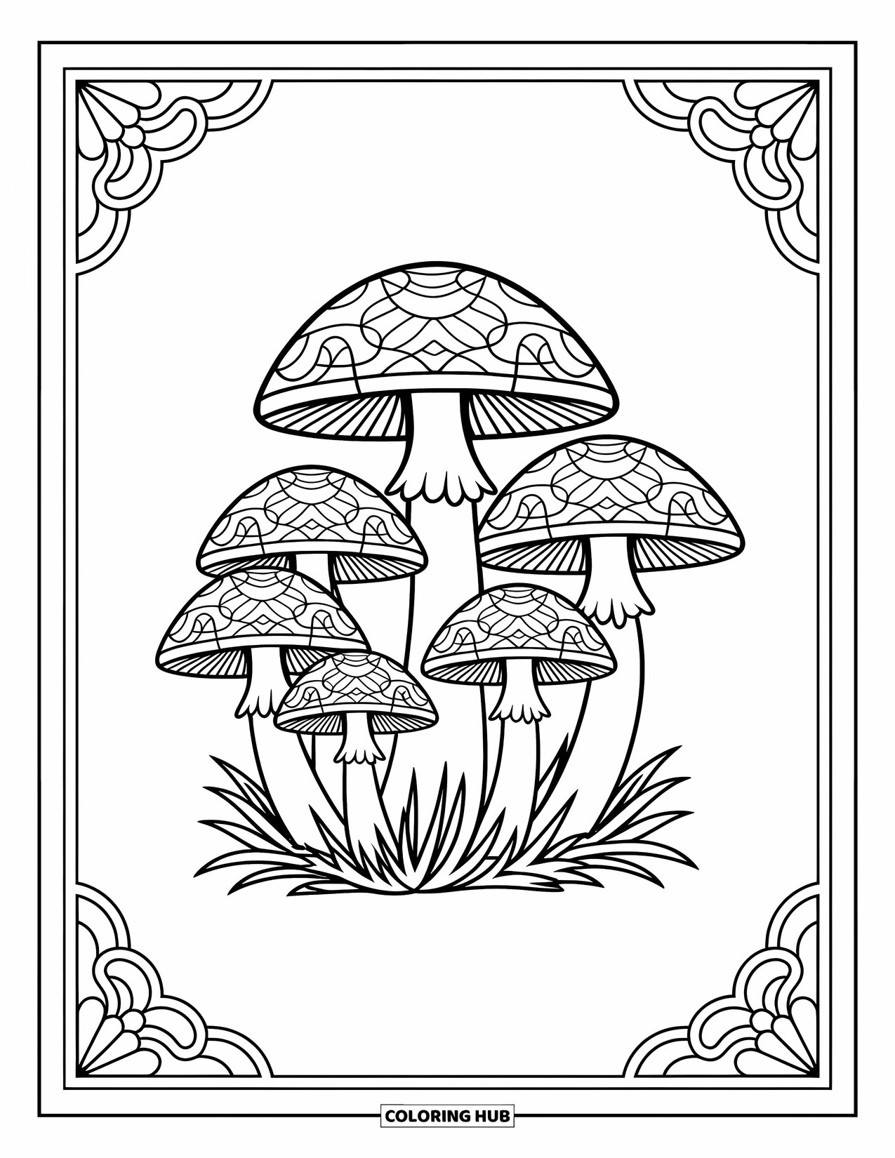 Desen de colorat cu ciuperci pentru adulți: Ciuperci cu modele de vitralii pe pălăriile lor
