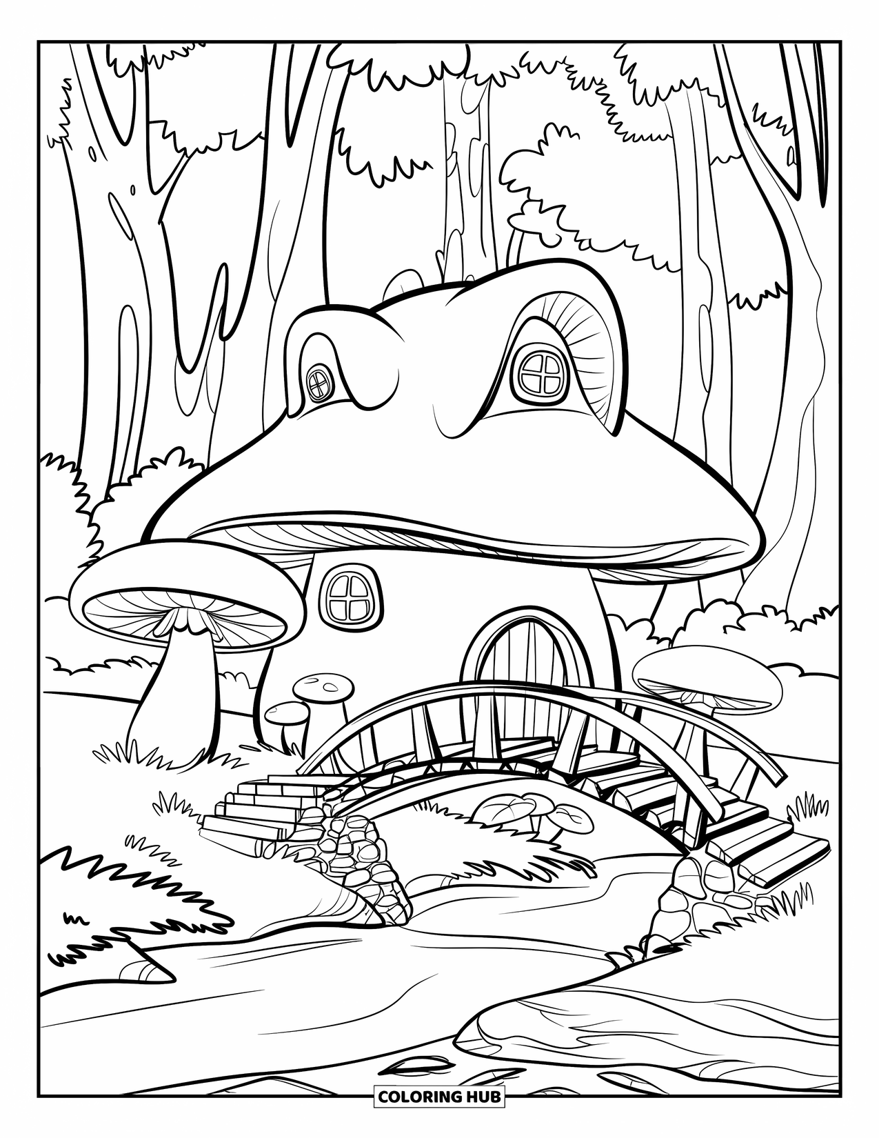 Desen de colorat cu ciuperci pentru copii: Un pod care traversează un pârâu spre o casă ciupercă