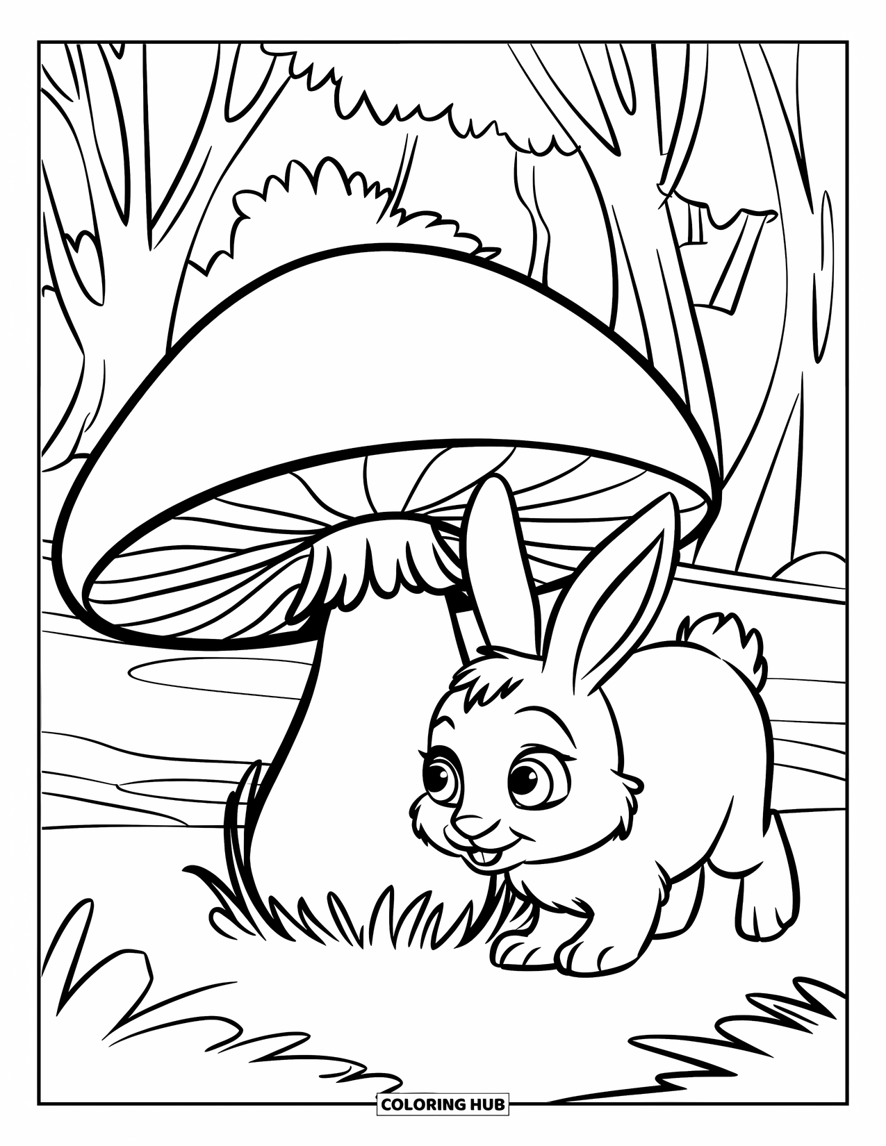 Desen de colorat cu ciuperci pentru copii: Un iepuraș cu ochi mari adulmecând o ciupercă