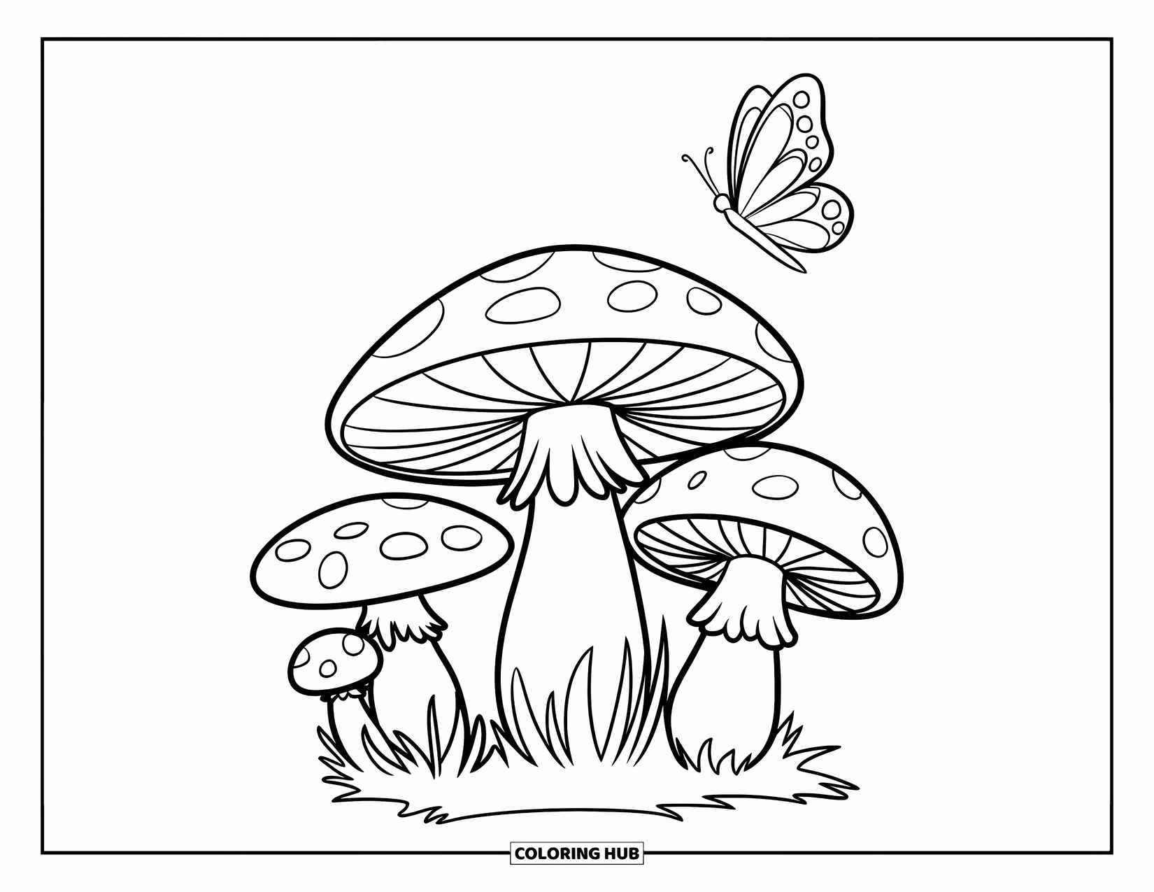 Desen de colorat cu ciuperci pentru copii: Un fluture explorând un grup de ciuperci