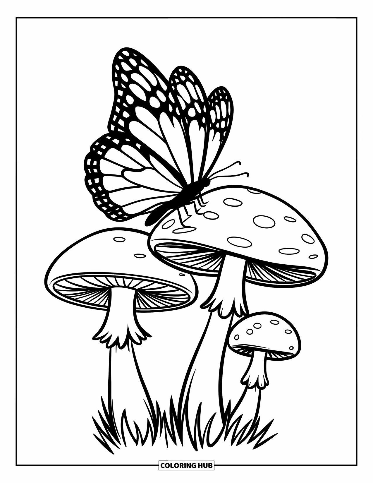 Desen de colorat cu ciuperci pentru copii: Un fluture care zboară deasupra a două ciuperci