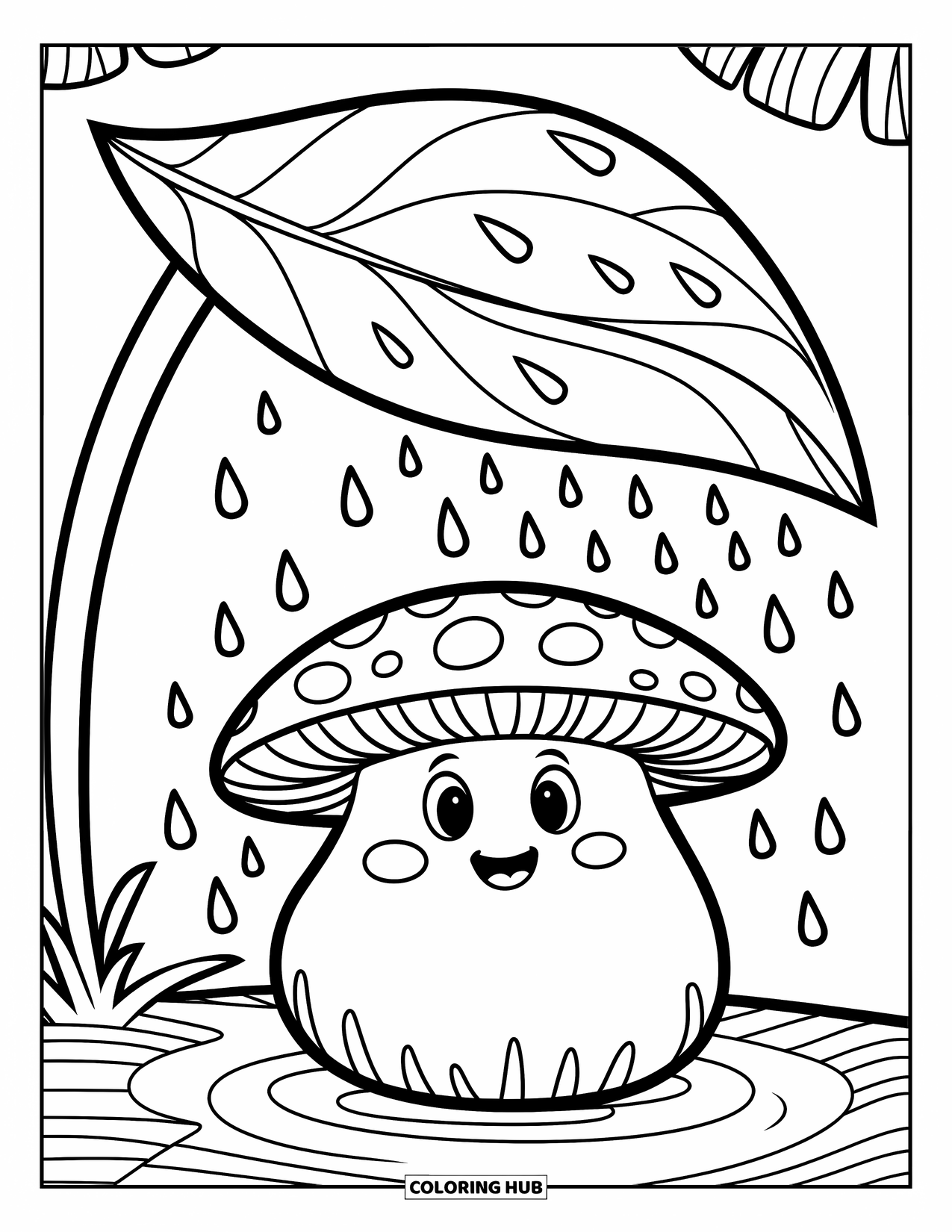Desen de colorat cu ciuperci pentru copii: O ciupercă dolofană sub o frunză curbată cu picături de ploaie