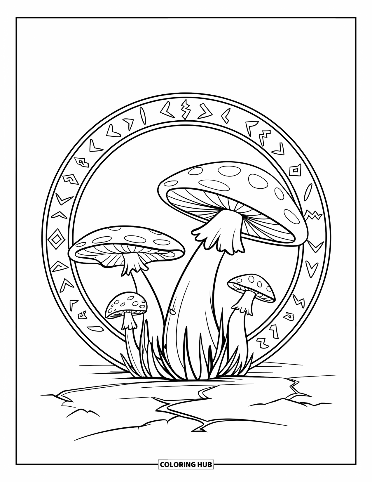 Desen de colorat cu ciuperci pentru copii: Un cerc de ciuperci cu rune antice pe pălării