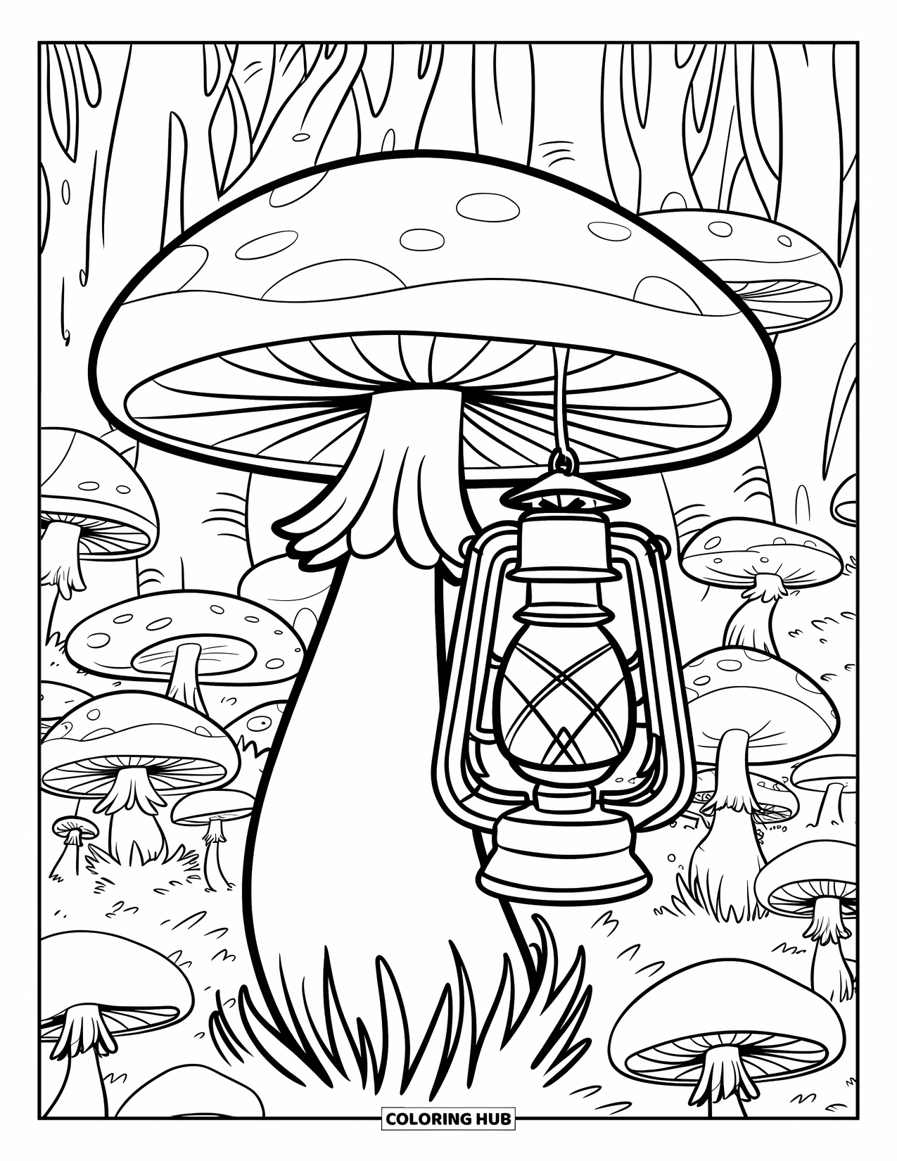 Desen de colorat cu ciuperci pentru copii: Un felinar confortabil atârnând de o ciupercă