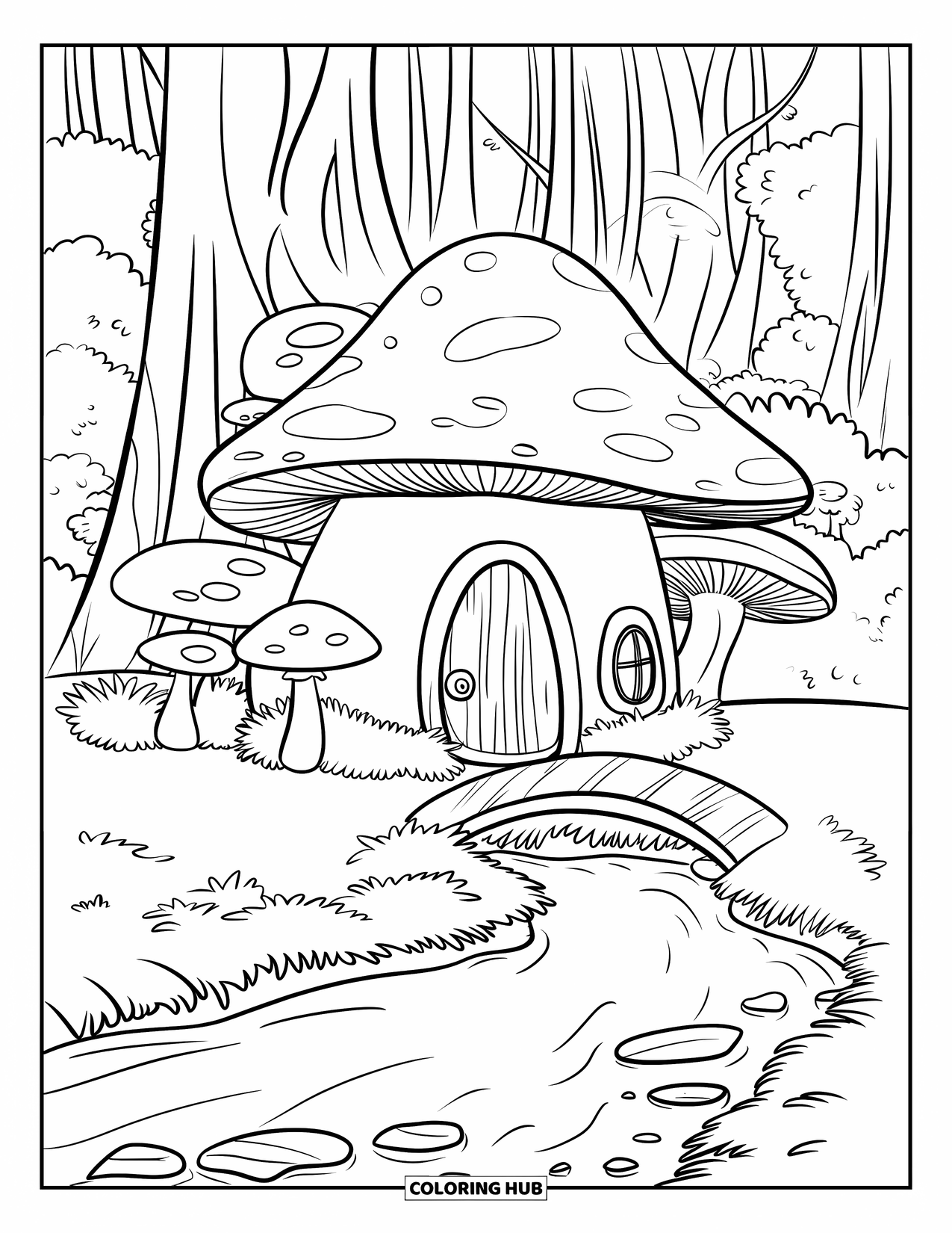 Desen de colorat cu ciuperci pentru copii: O căsuță confortabilă în formă de ciupercă, cu un pod de lemn