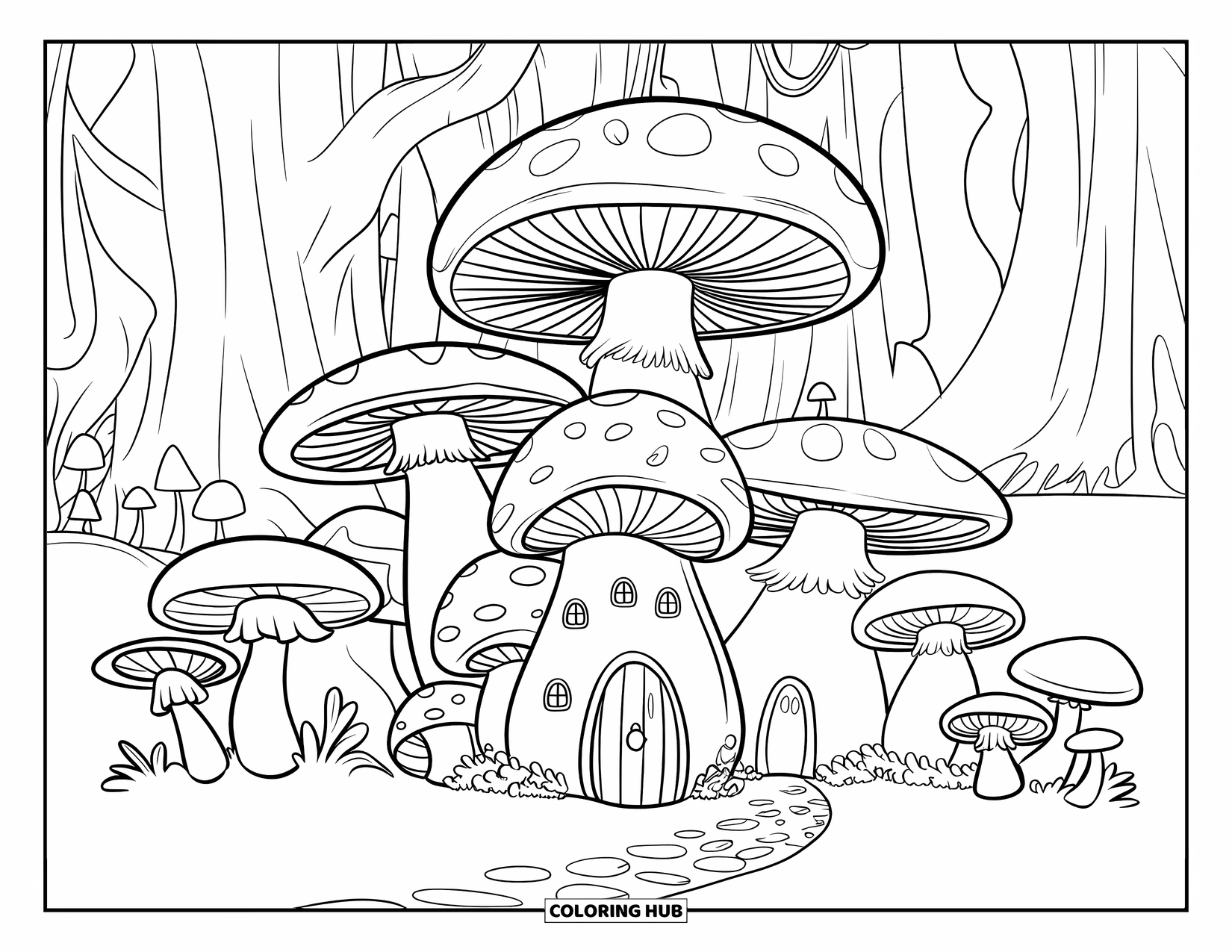 Desen de colorat cu ciuperci pentru copii: Un sat confortabil cu ciuperci, cu uși și ferestre