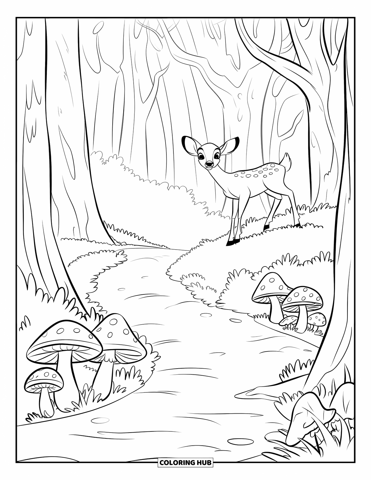 Desen de colorat cu ciuperci pentru copii: Un cerb care privește de pe un deal lângă o potecă cu ciuperci