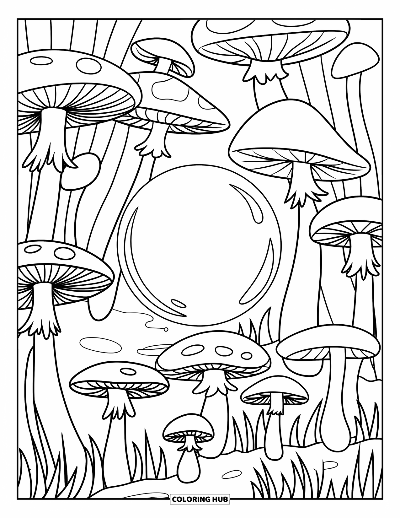 Desen de colorat cu ciuperci pentru copii: O pădure de ciuperci cu un glob luminos în centru