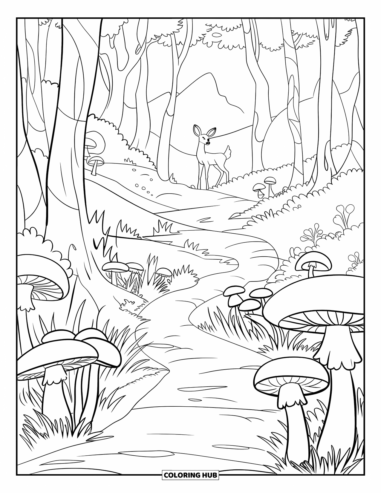 Desen de colorat cu ciuperci pentru copii: O potecă în pădure cu ciuperci și un cerb care privește de departe