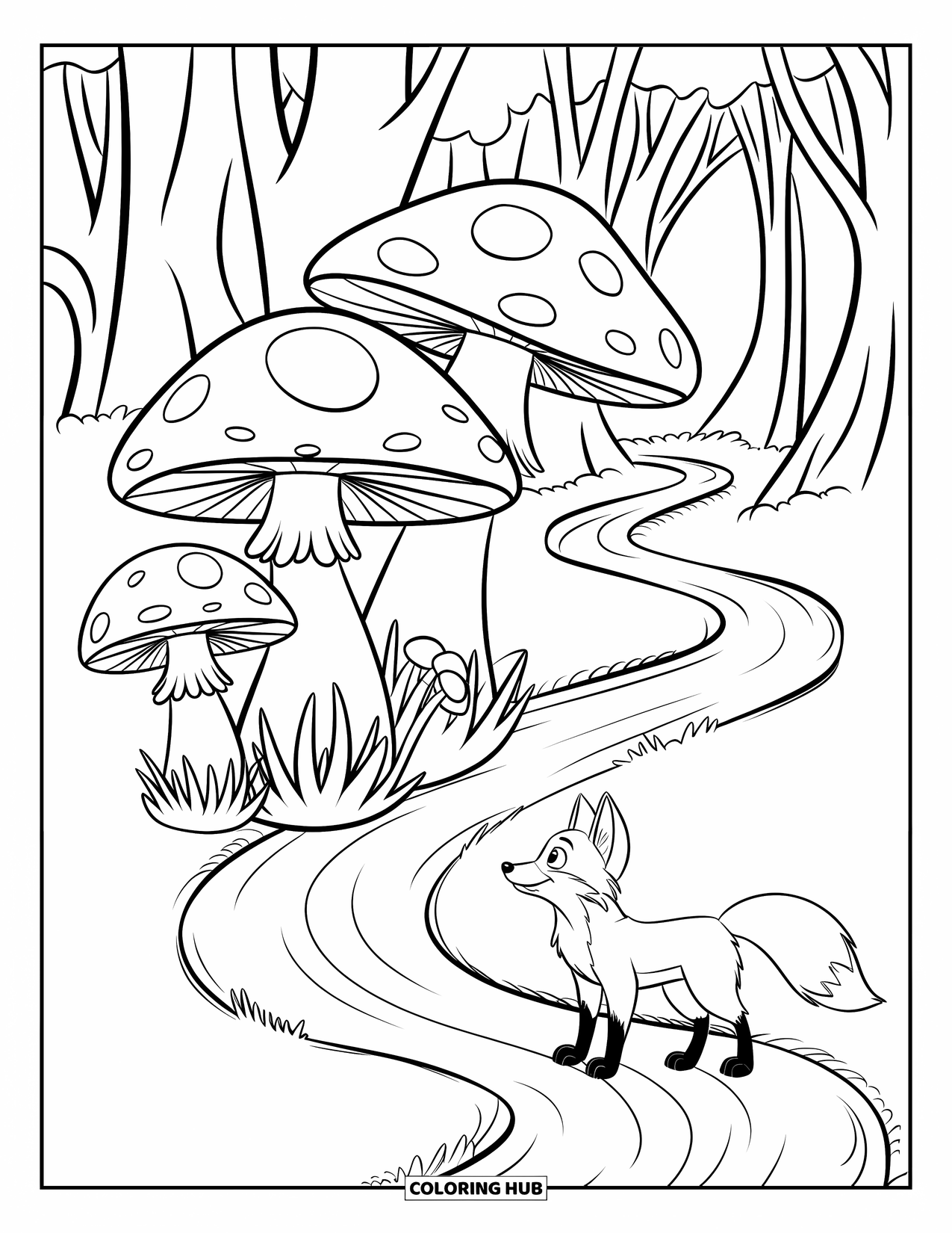 Desen de colorat cu ciuperci pentru copii: O vulpe lângă o potecă șerpuită cu ciuperci și copaci