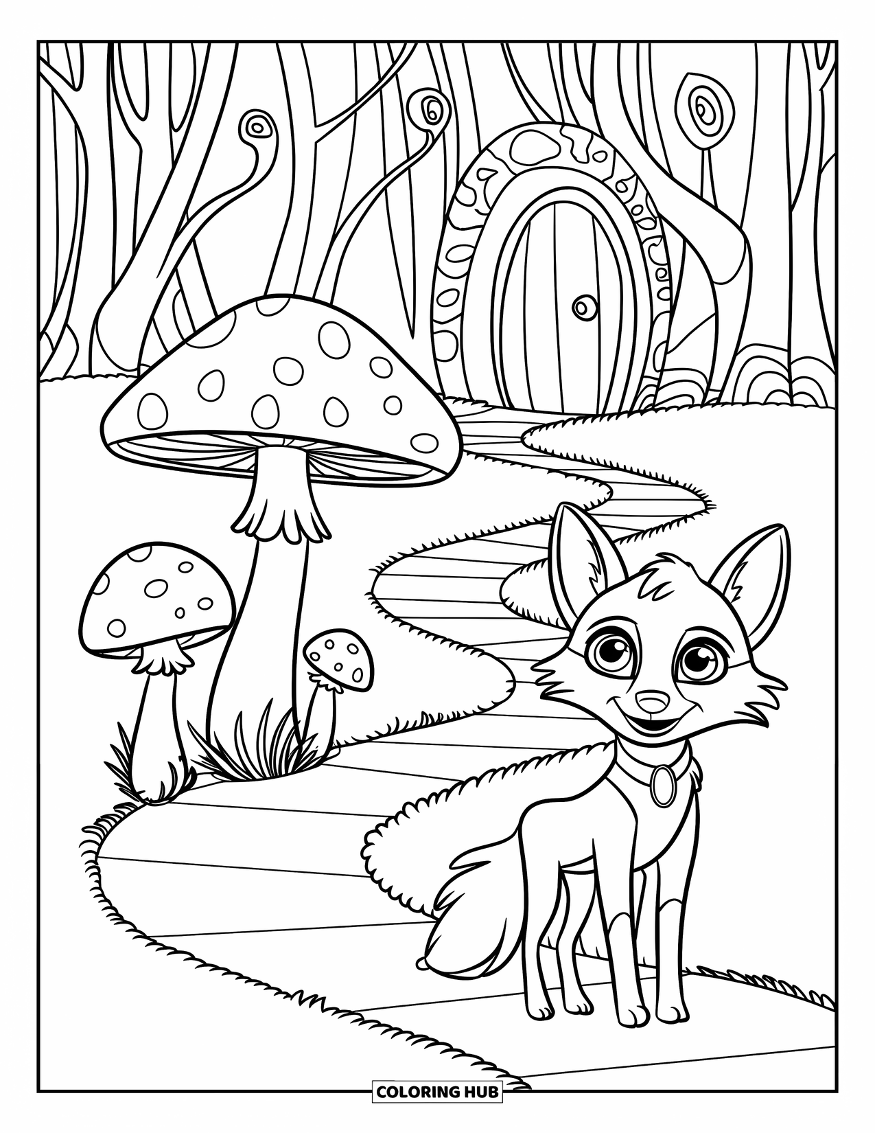 Desen de colorat cu ciuperci pentru copii: O vulpe explorând o potecă cu trei ciuperci