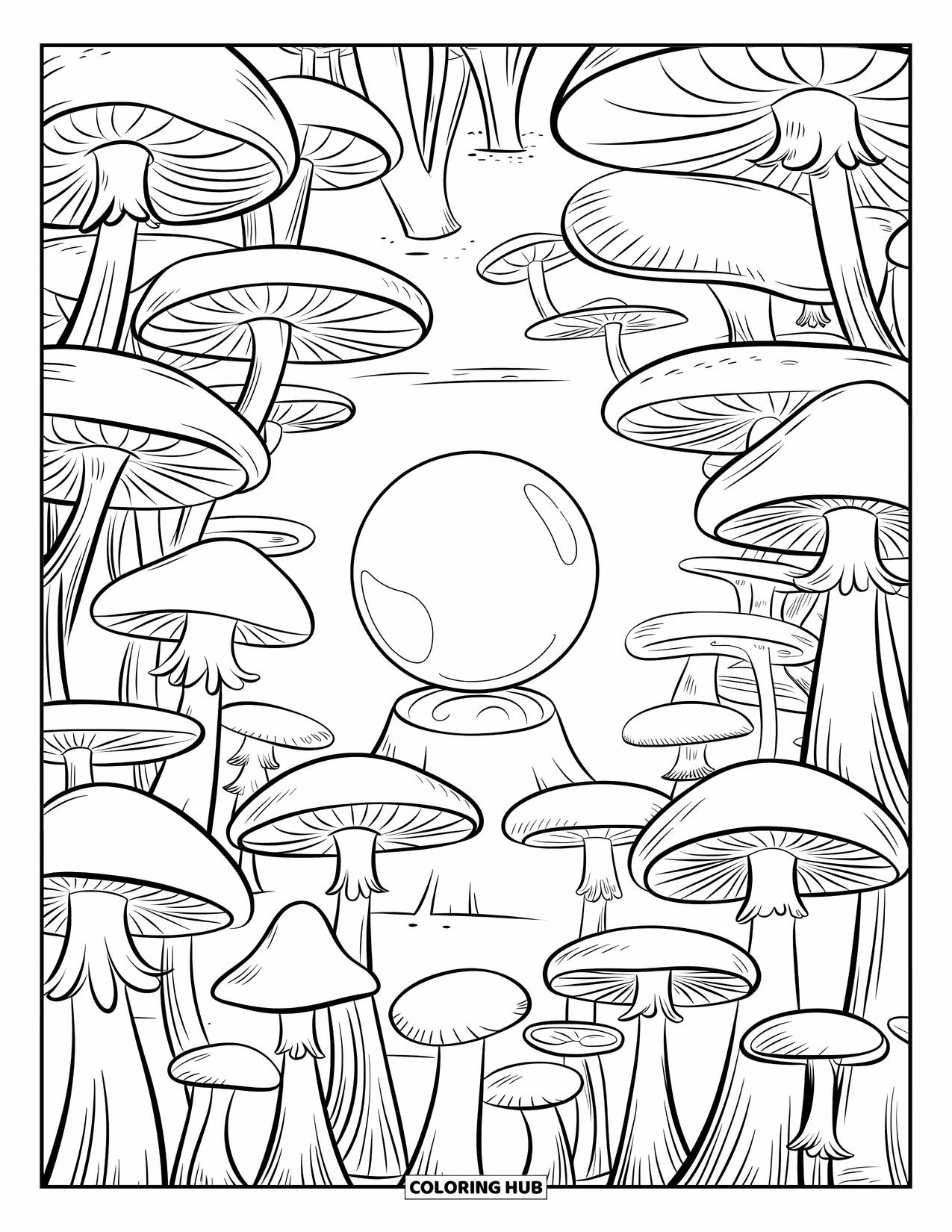Desen de colorat cu ciuperci pentru copii: Un glob luminos înconjurat de ciuperci într-o pădure
