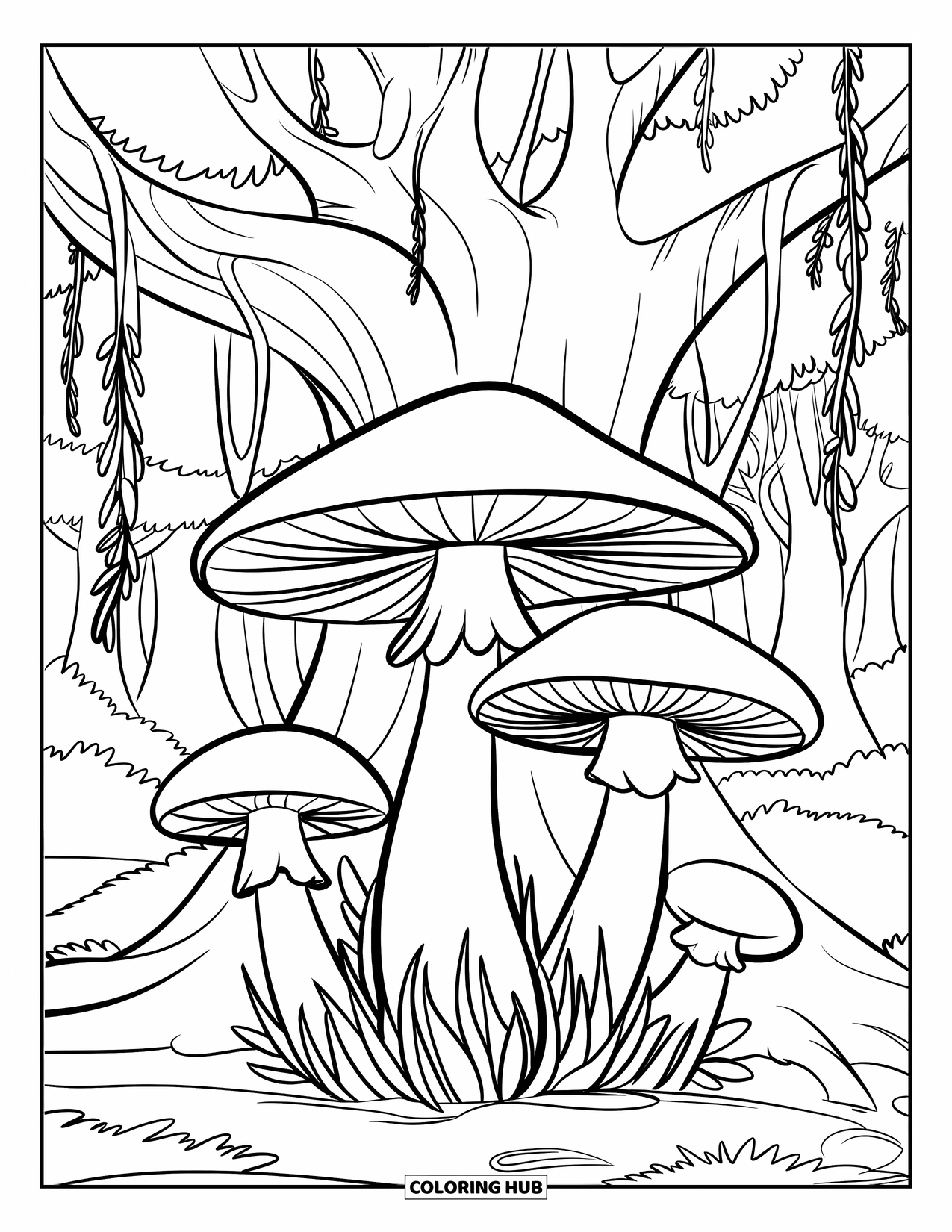 Desen de colorat cu ciuperci pentru copii: Un grup de ciuperci sub un copac cu liane
