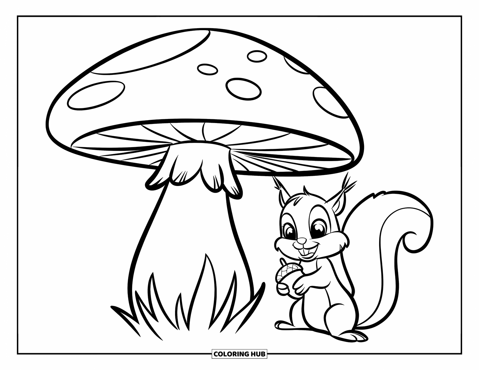 Desen de colorat cu ciuperci pentru copii: O veveriță fericită stând pe o ciupercă cu o ghindă