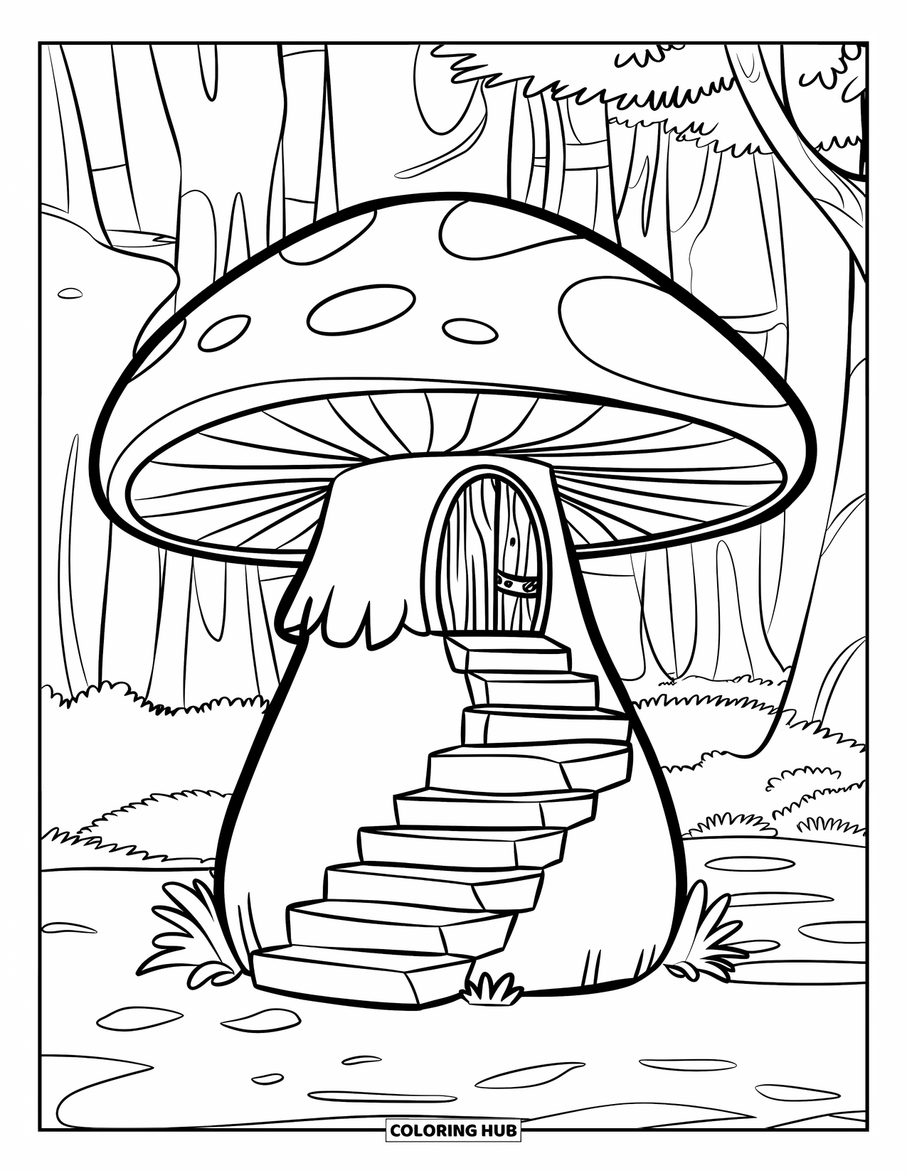 Desen de colorat cu ciuperci pentru copii: O ușă ascunsă cu o scară pe o ciupercă