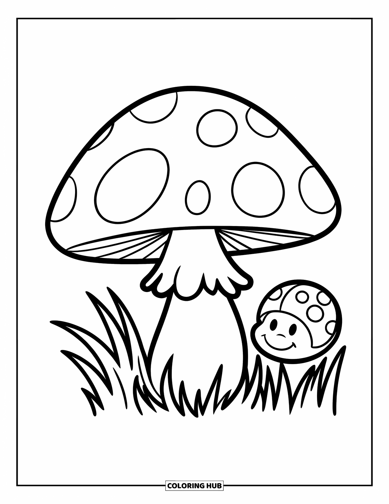 Desen de colorat cu ciuperci pentru copii: O buburuză târându-se lângă o ciupercă în iarbă