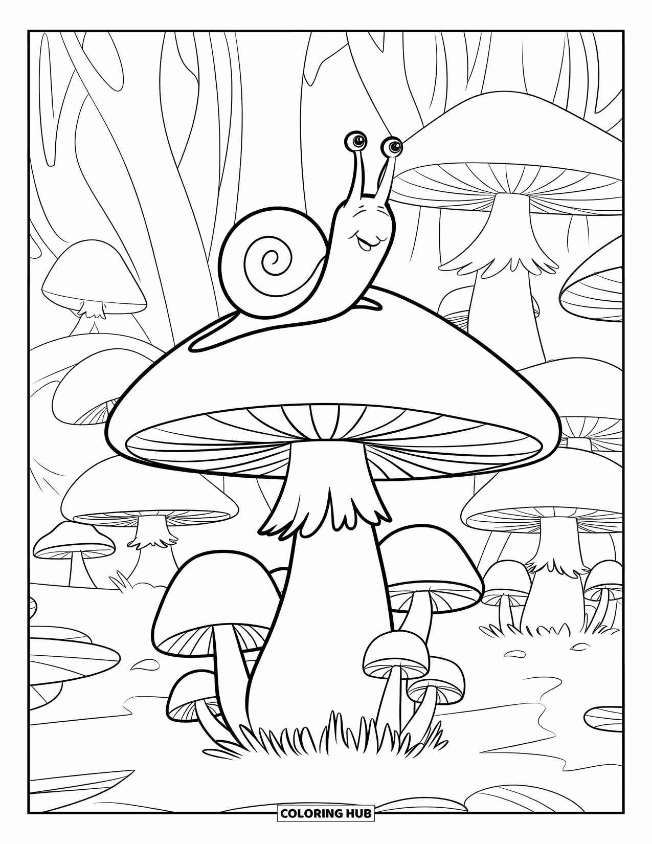 Desen de colorat cu ciuperci pentru copii: O ciupercă mare cu un melc drăguț așezat deasupra