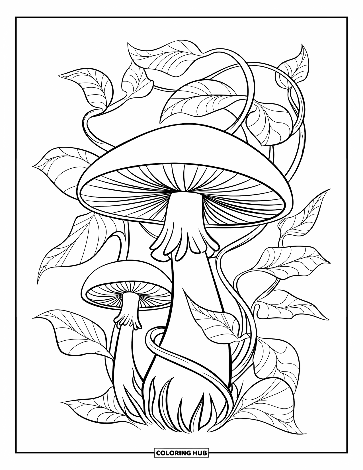 Desen de colorat cu ciuperci pentru copii: O ciupercă mare cu liane și frunze împletite