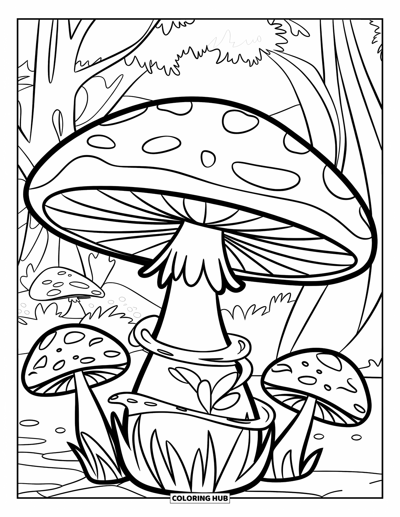 Desen de colorat cu ciuperci pentru copii: O ciupercă mare cu liane într-o pădure magică