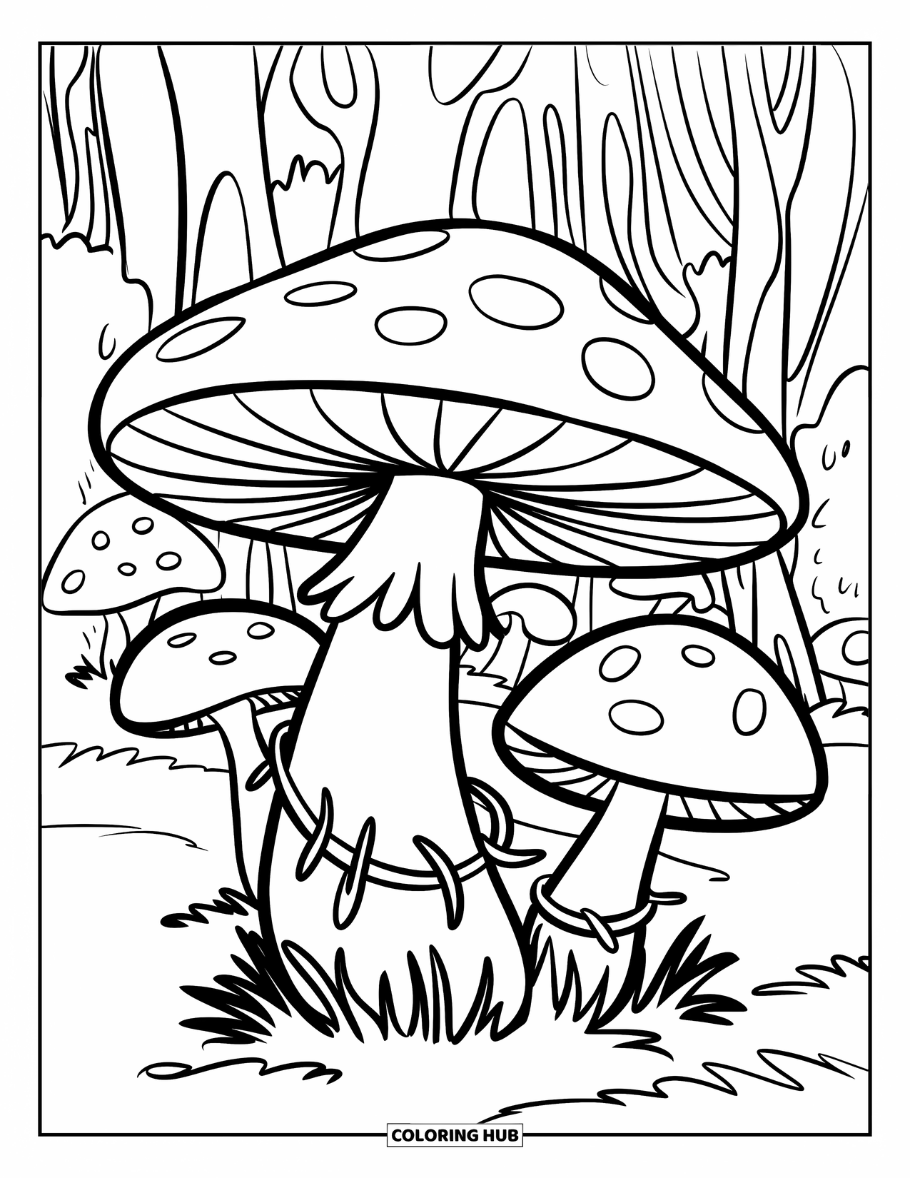 Desen de colorat cu ciuperci pentru copii: O ciupercă mare cu liane înfășurate în jurul tulpinii