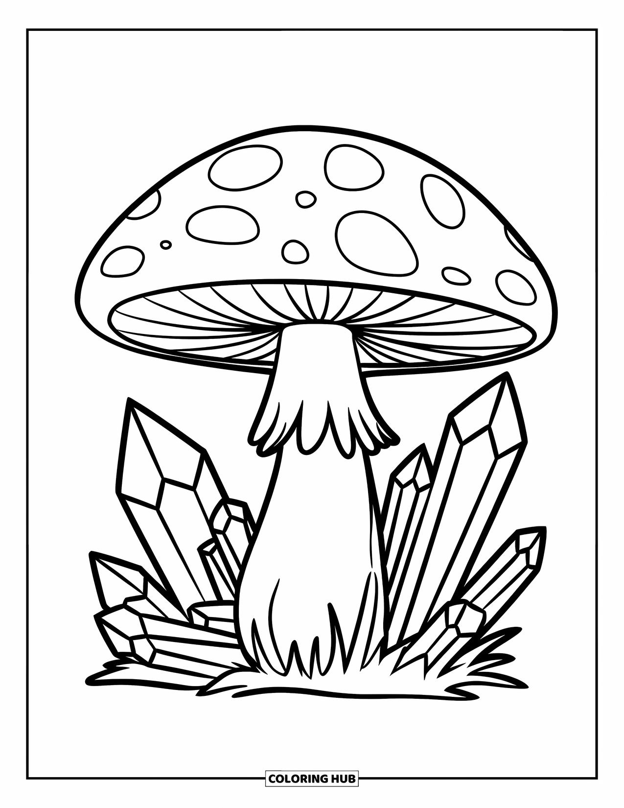 Desen de colorat cu ciuperci pentru copii: O ciupercă magică cu cristale crescând în jurul ei