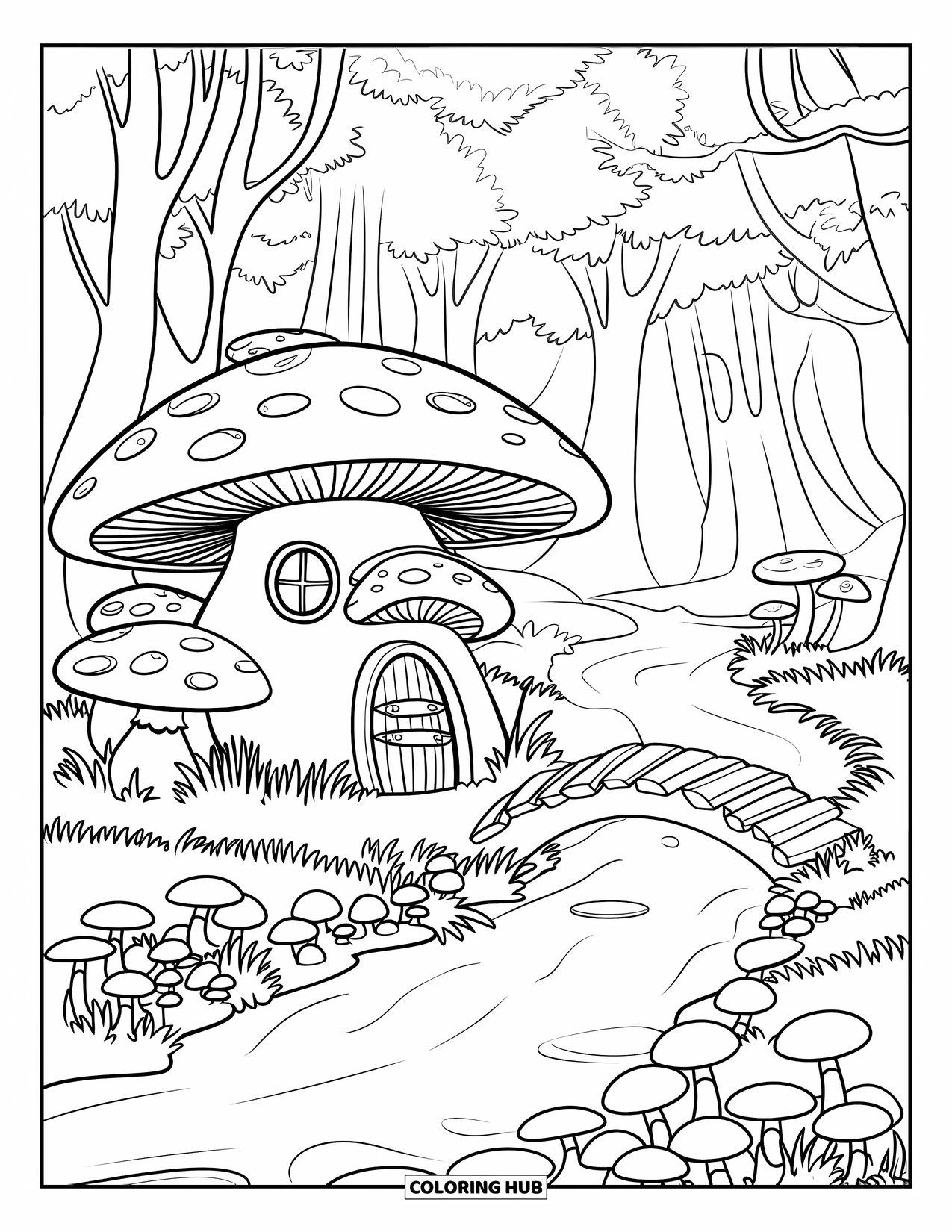 Desen de colorat cu ciuperci pentru copii: O casă ciupercă lângă un pârâu cu un pod mic