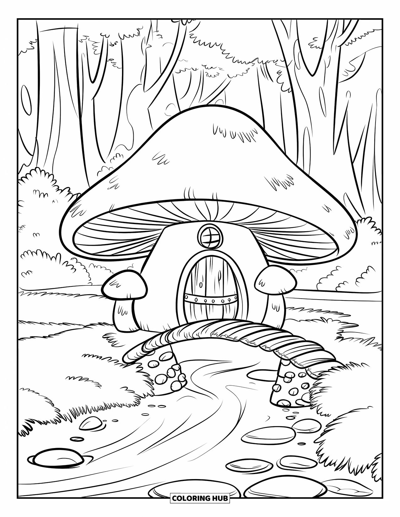 Desen de colorat cu ciuperci pentru copii: O casă ciupercă cu un pod peste un pârâu