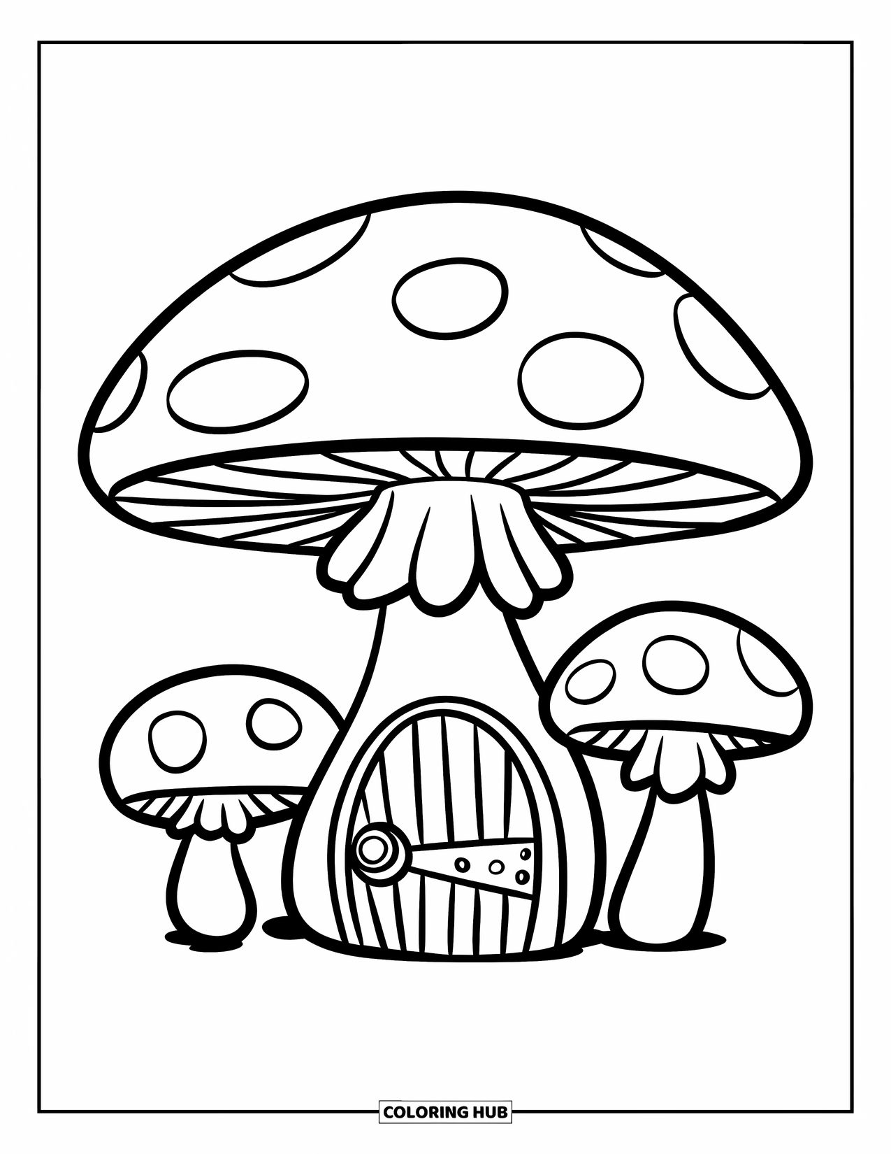 Desen de colorat cu ciuperci pentru copii: O casă ciupercă cu o ușă rotundă și ferestre mici