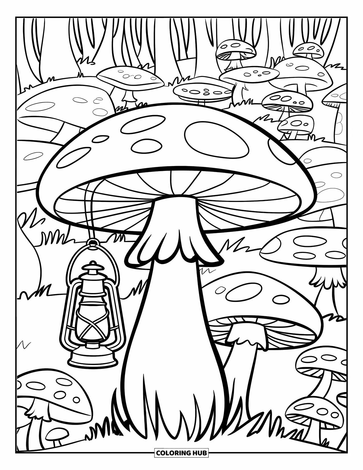 Desen de colorat cu ciuperci pentru copii: Un picior de ciupercă cu un felinar atârnat