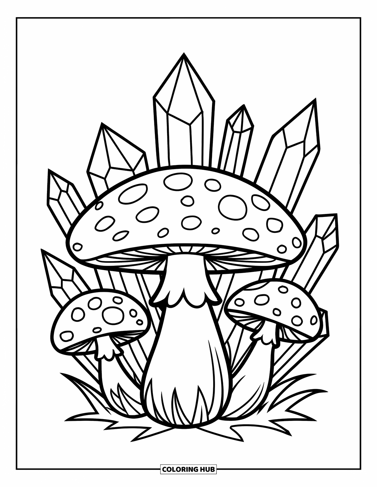Desen de colorat cu ciuperci pentru copii: O ciupercă înconjurată de cristale într-un cadru magic