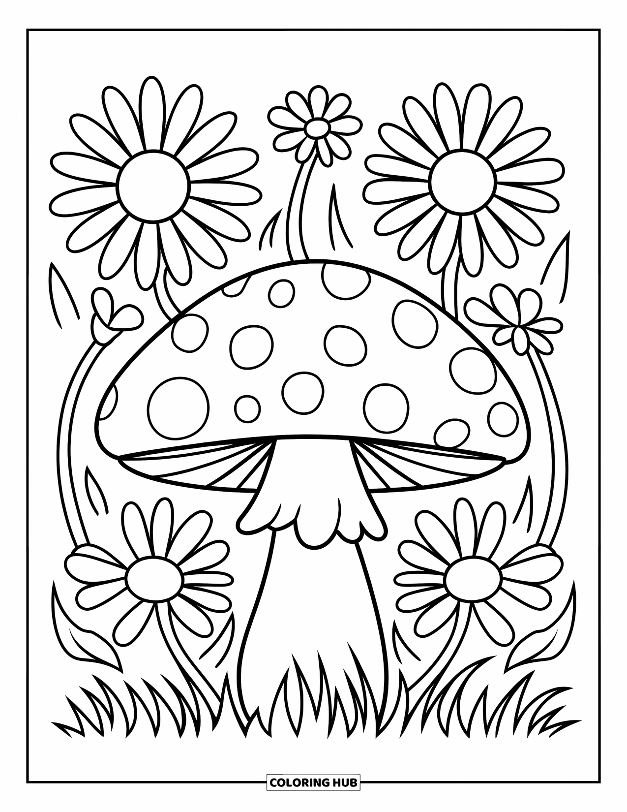 Desen de colorat cu ciuperci pentru copii: O ciupercă înconjurată de margarete și iarbă
