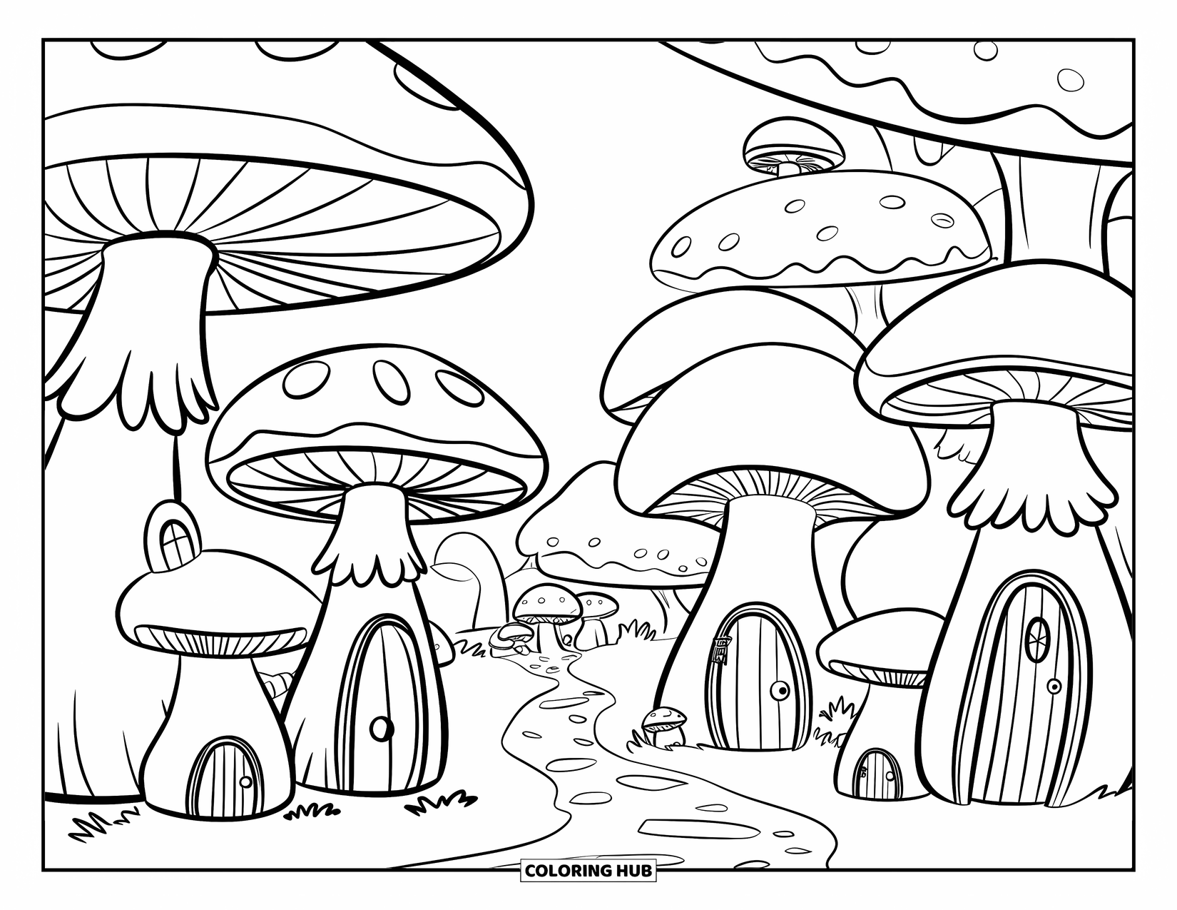 Desen de colorat cu ciuperci pentru copii: Un sat de ciuperci cu uși și ferestre mici