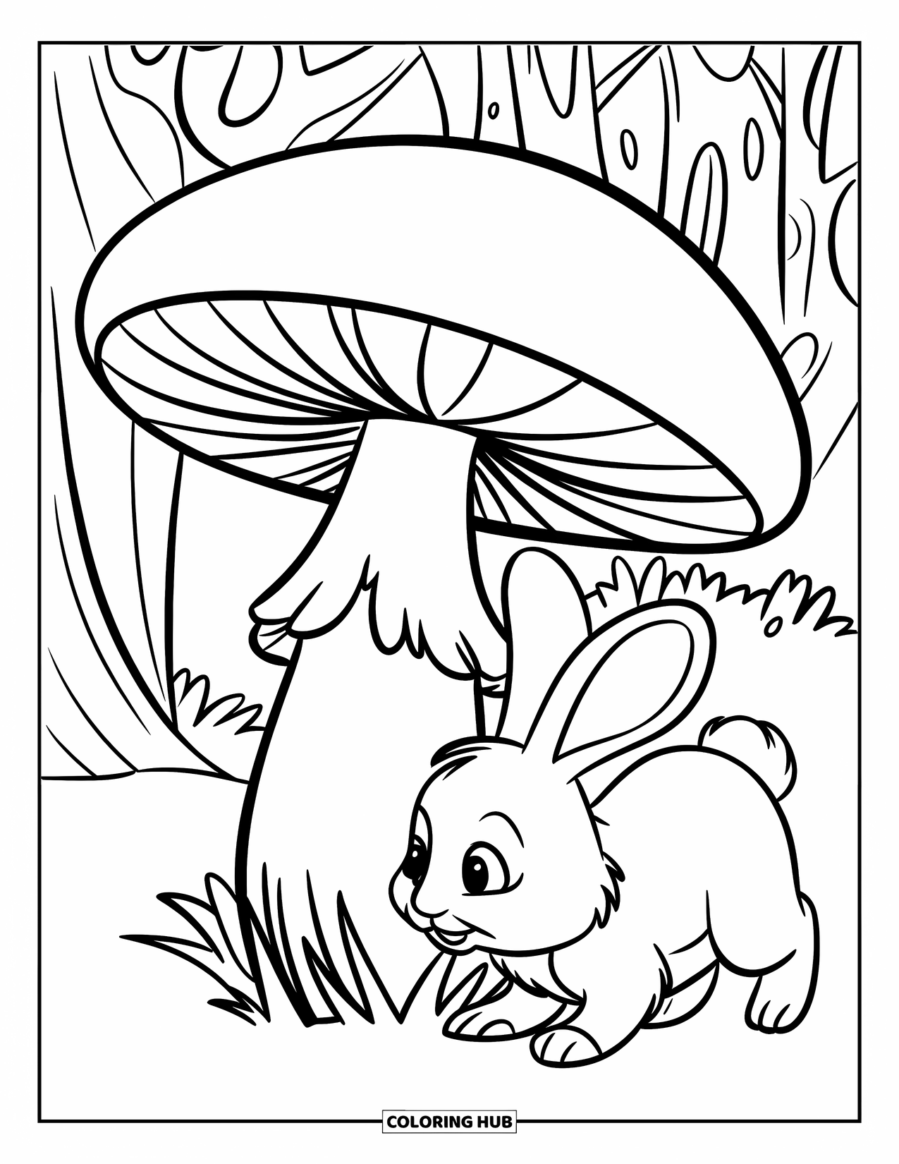 Desen de colorat cu ciuperci pentru copii: O ciupercă cu un iepuraș curios adulmecând în jur