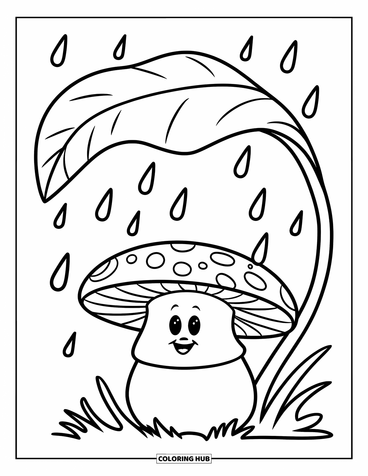 Desen de colorat cu ciuperci pentru copii: O ciupercă cu o frunză curbată deasupra, picurând cu picături de ploaie